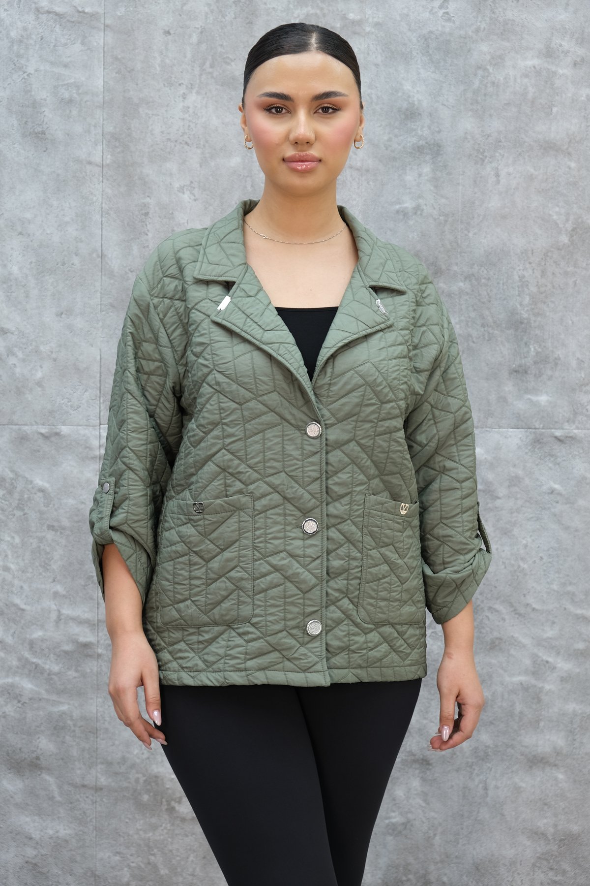 Plus Size Short Sport Jacket-Khaki