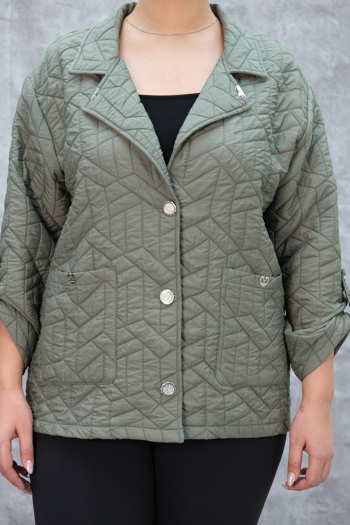 Plus Size Short Sport Jacket-Khaki