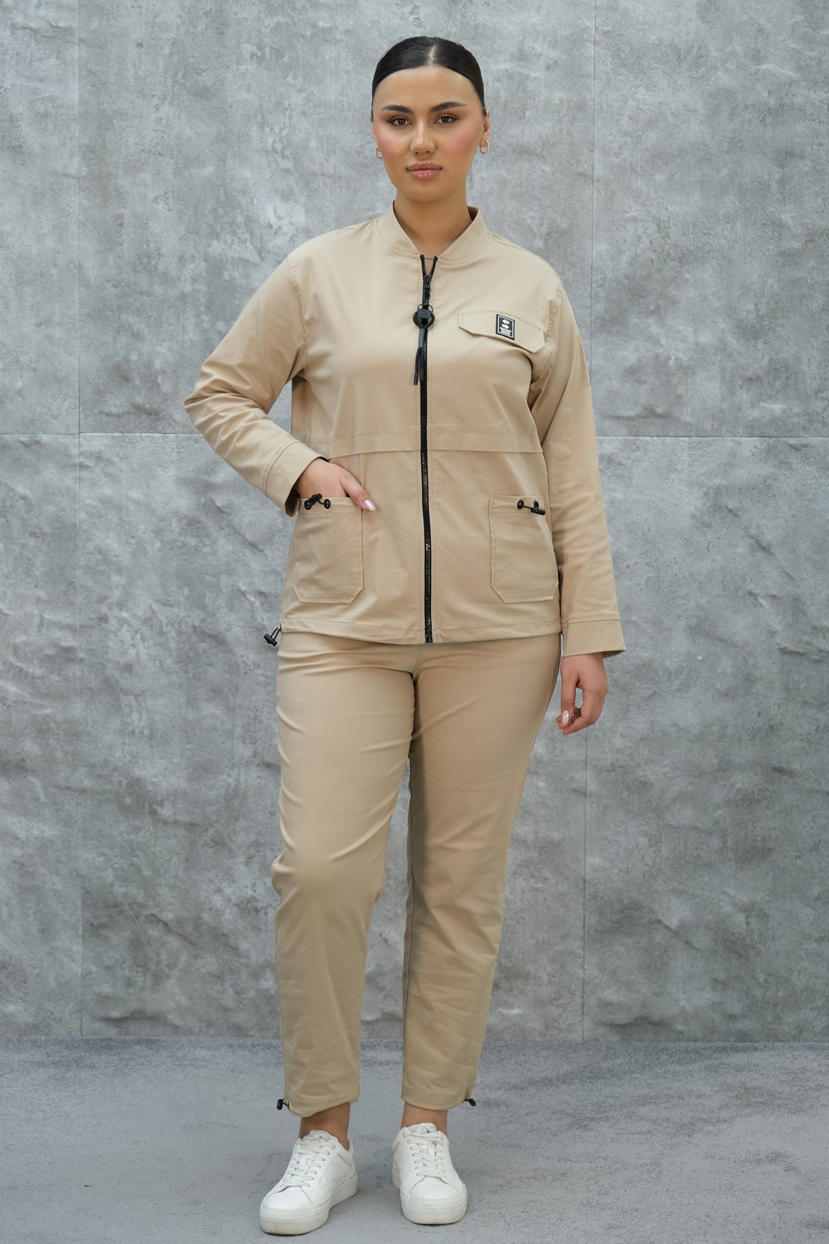Plus Size Womens Two-Piece Sports Set-Beige