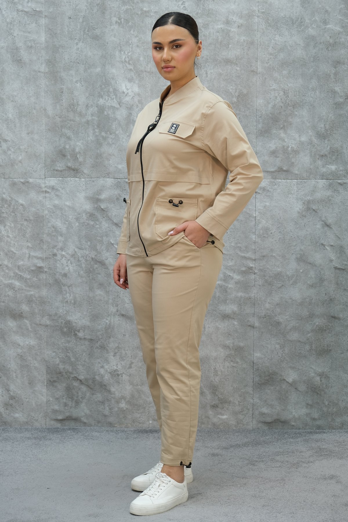 Plus Size Womens Two-Piece Sports Set-Beige