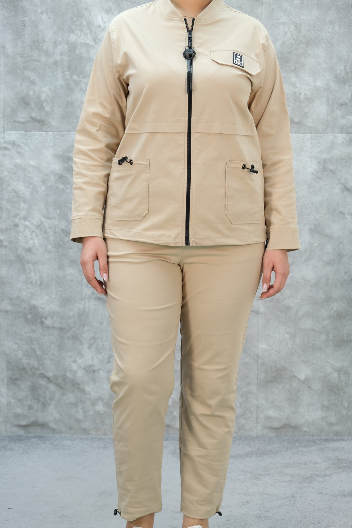 Plus Size Womens Two-Piece Sports Set-Beige