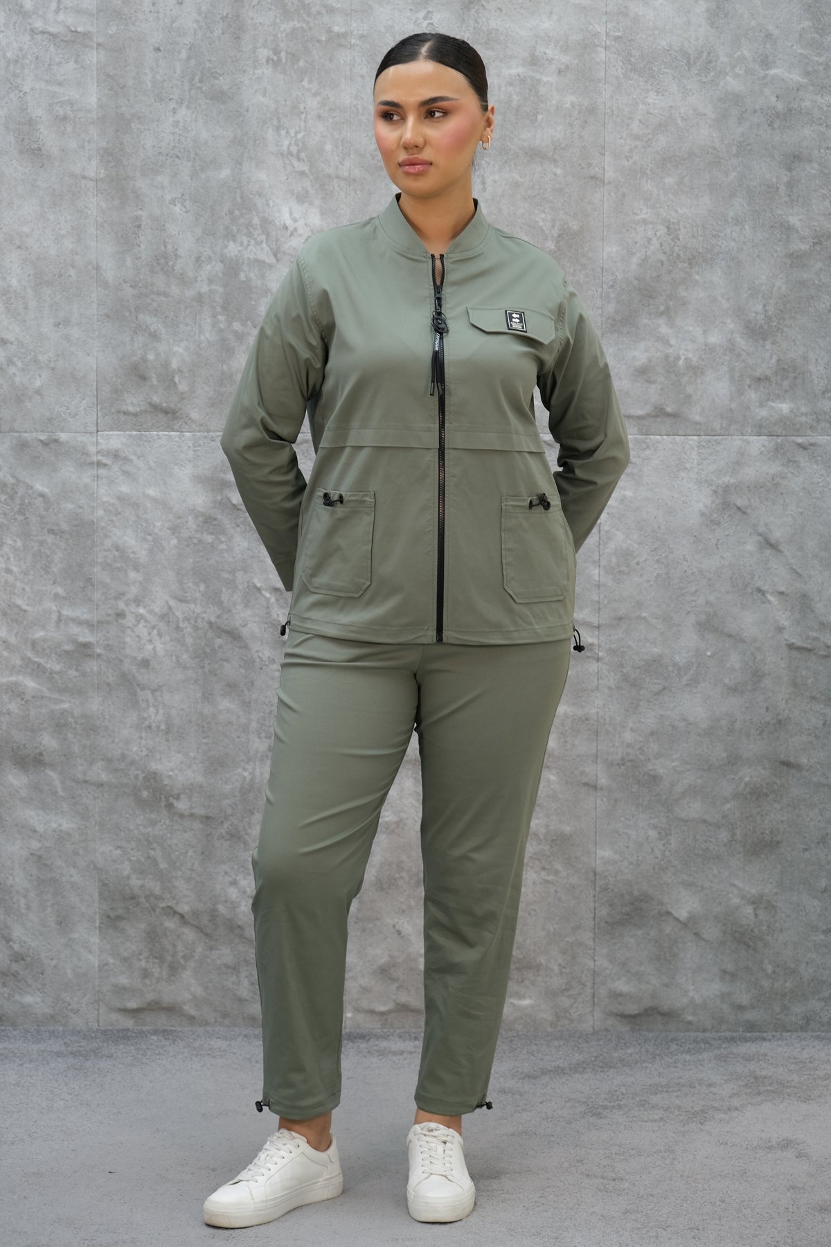 Plus Size Womens Two-Piece Sports Set-Khaki