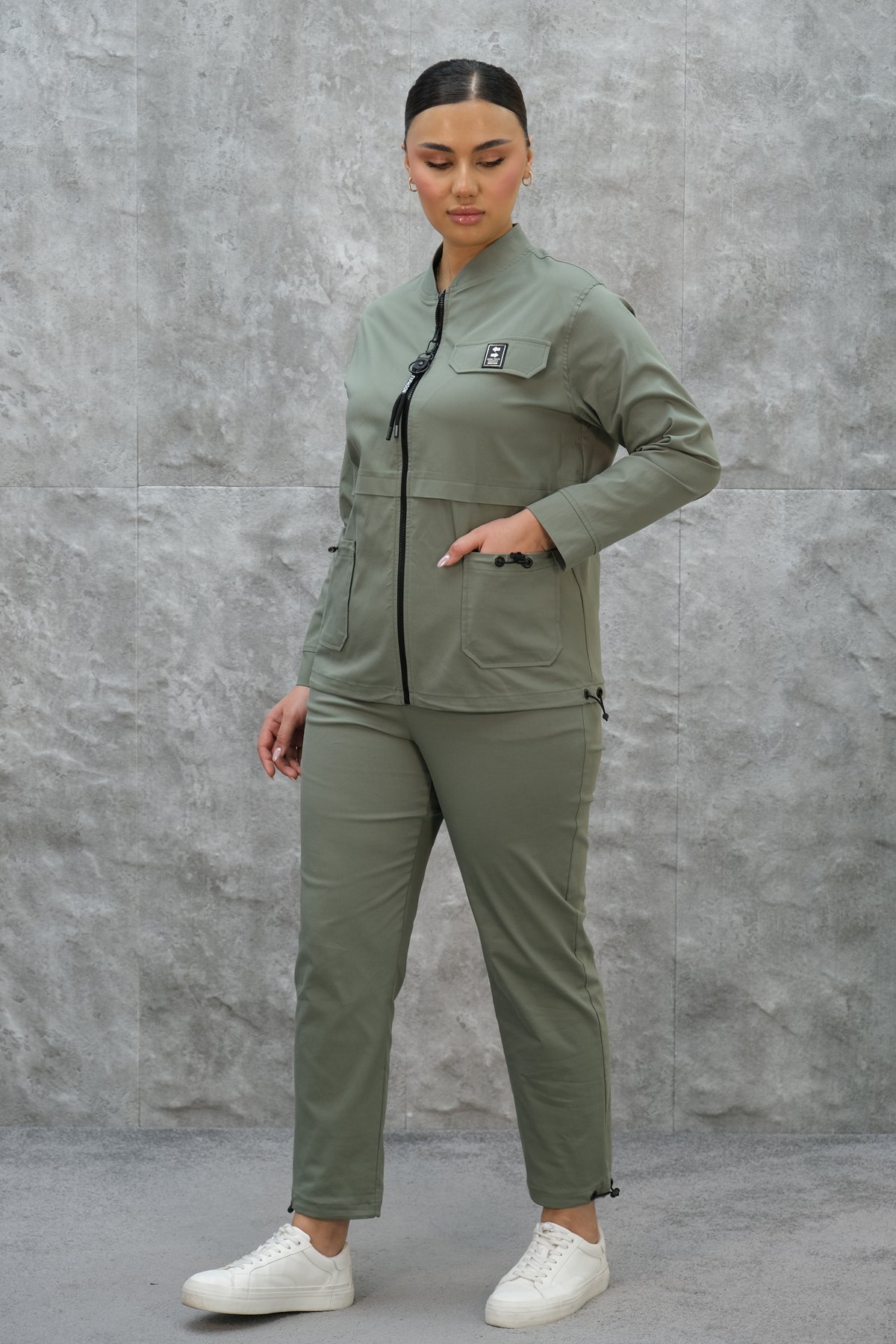 Plus Size Womens Two-Piece Sports Set-Khaki