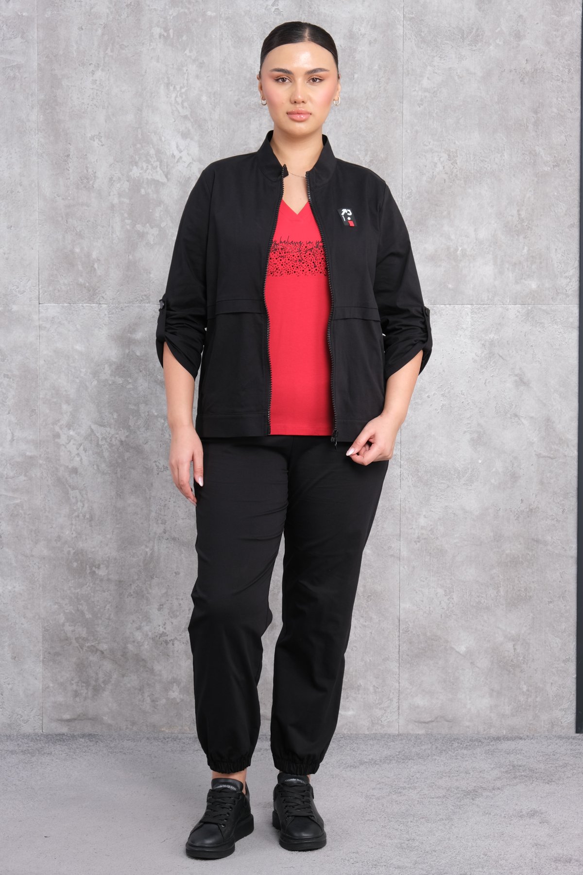 Plus Size Womens Three-Piece Sports Set-Black