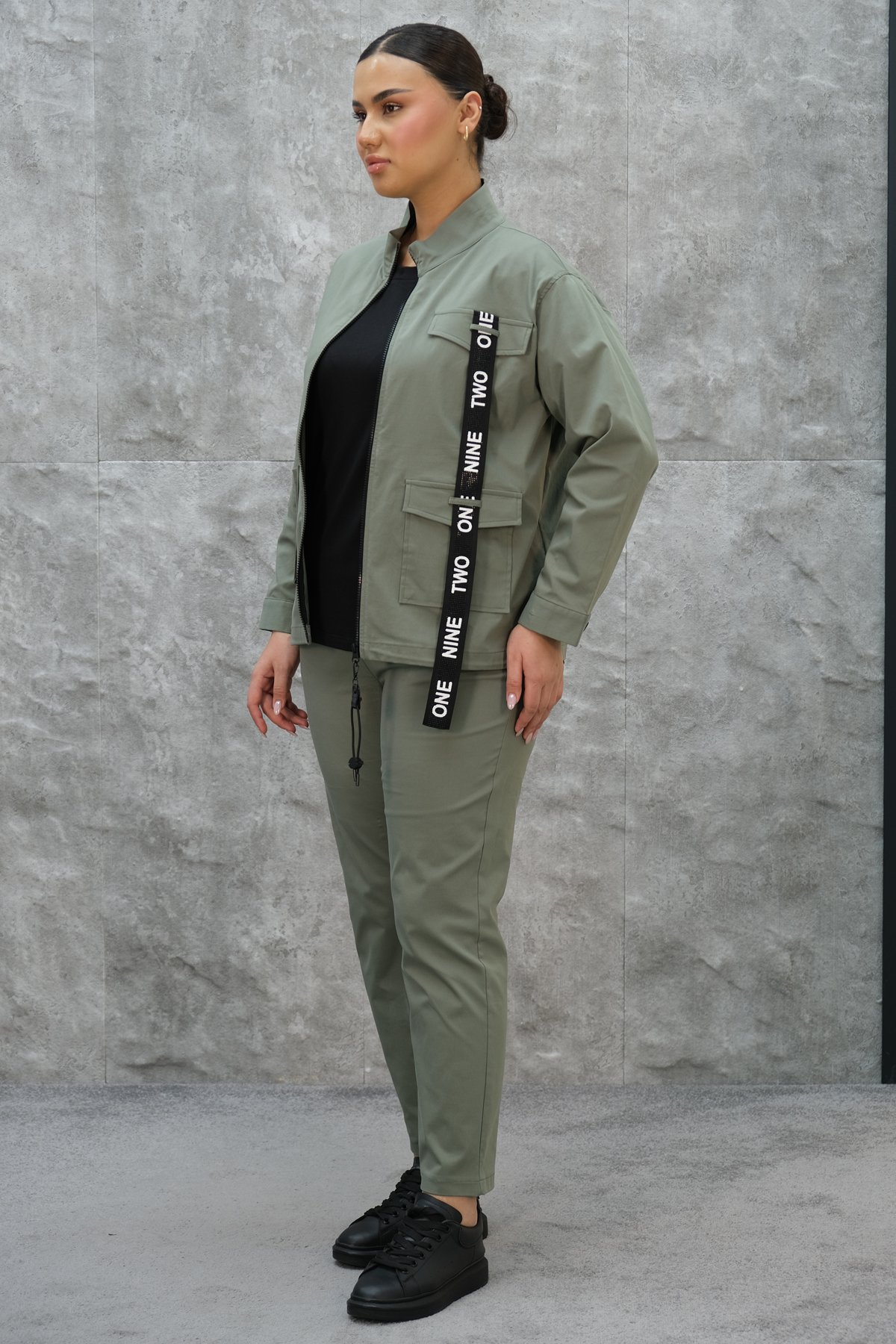 Plus Size Womens Three-Piece Sports Set-Khaki