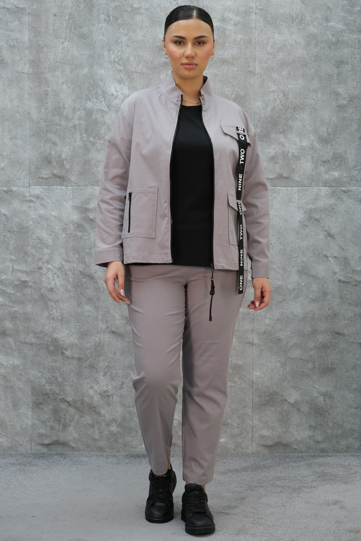 Plus Size Womens Three-Piece Sports Set-Grey