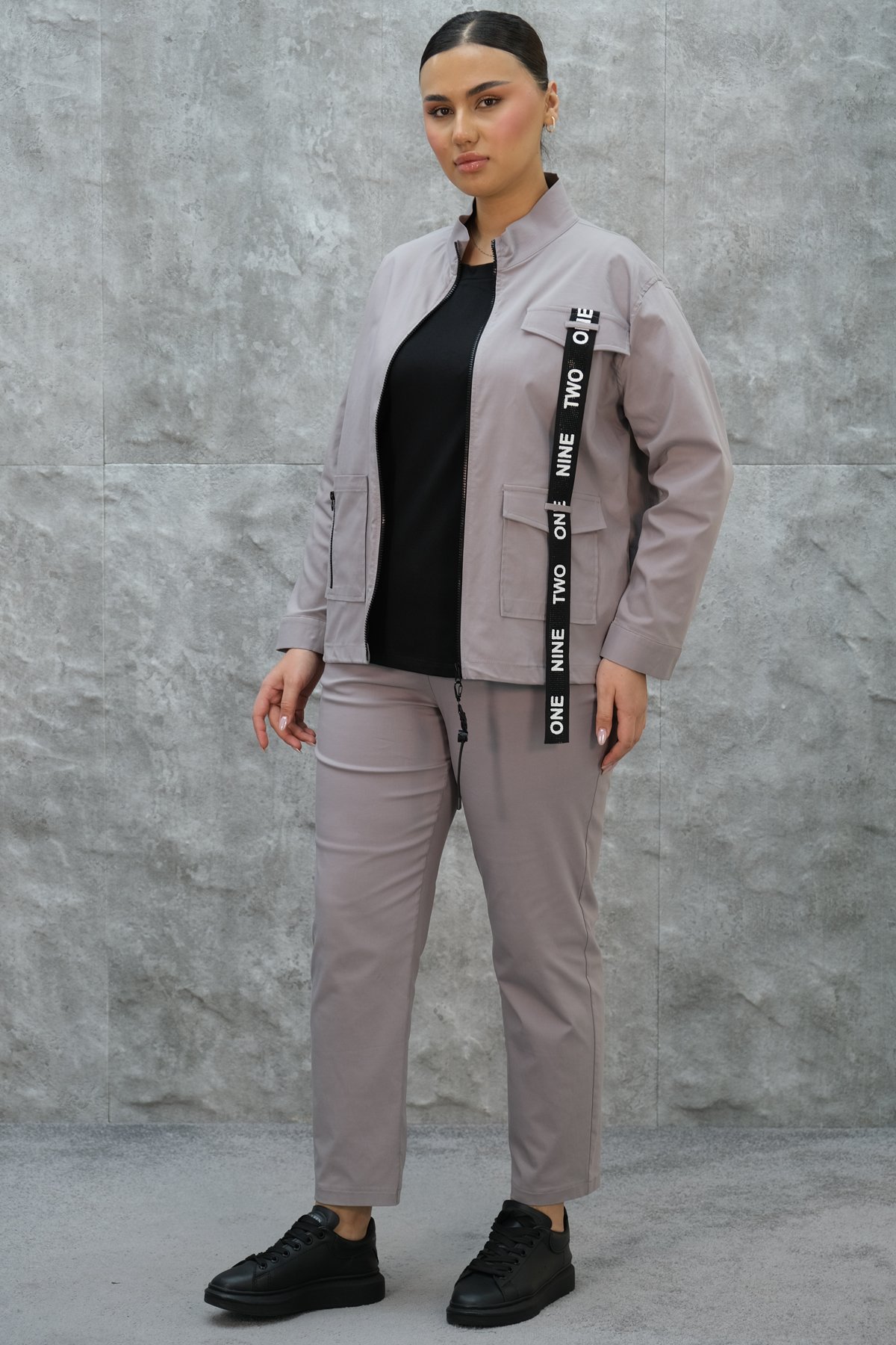 Plus Size Womens Three-Piece Sports Set-Grey