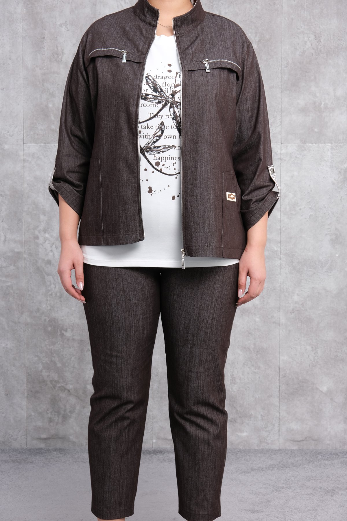 Plus Size Womens Three-Piece Sports Set-Brown