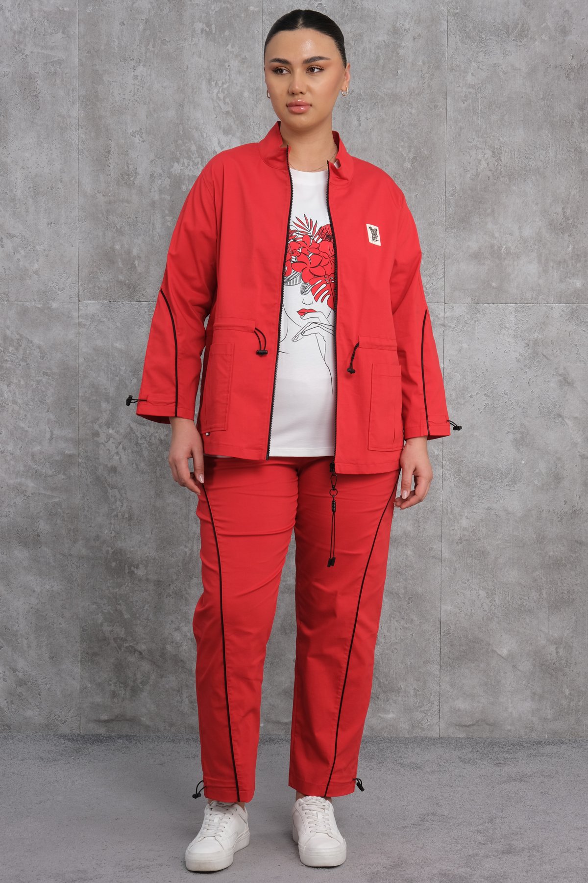 Plus Size Womens Three-Piece Sports Set-Red