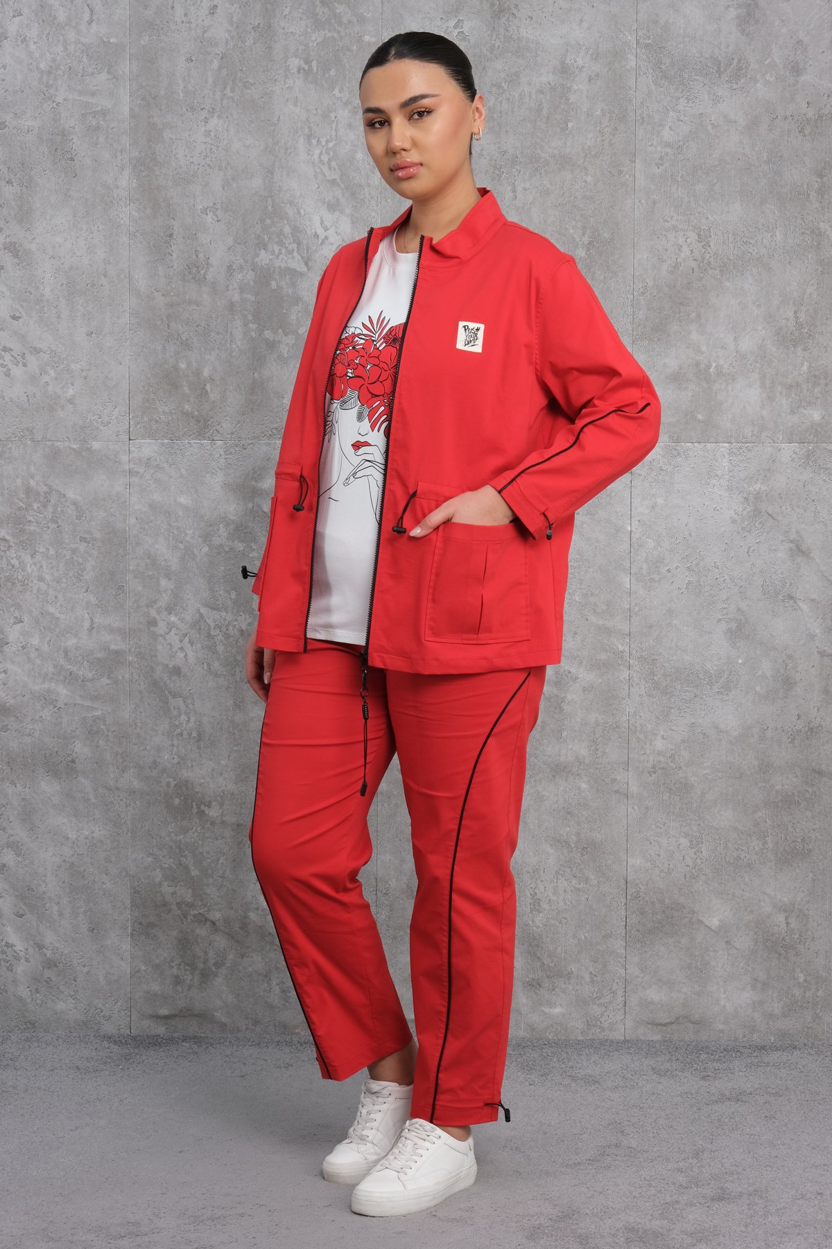 Plus Size Womens Three-Piece Sports Set-Red