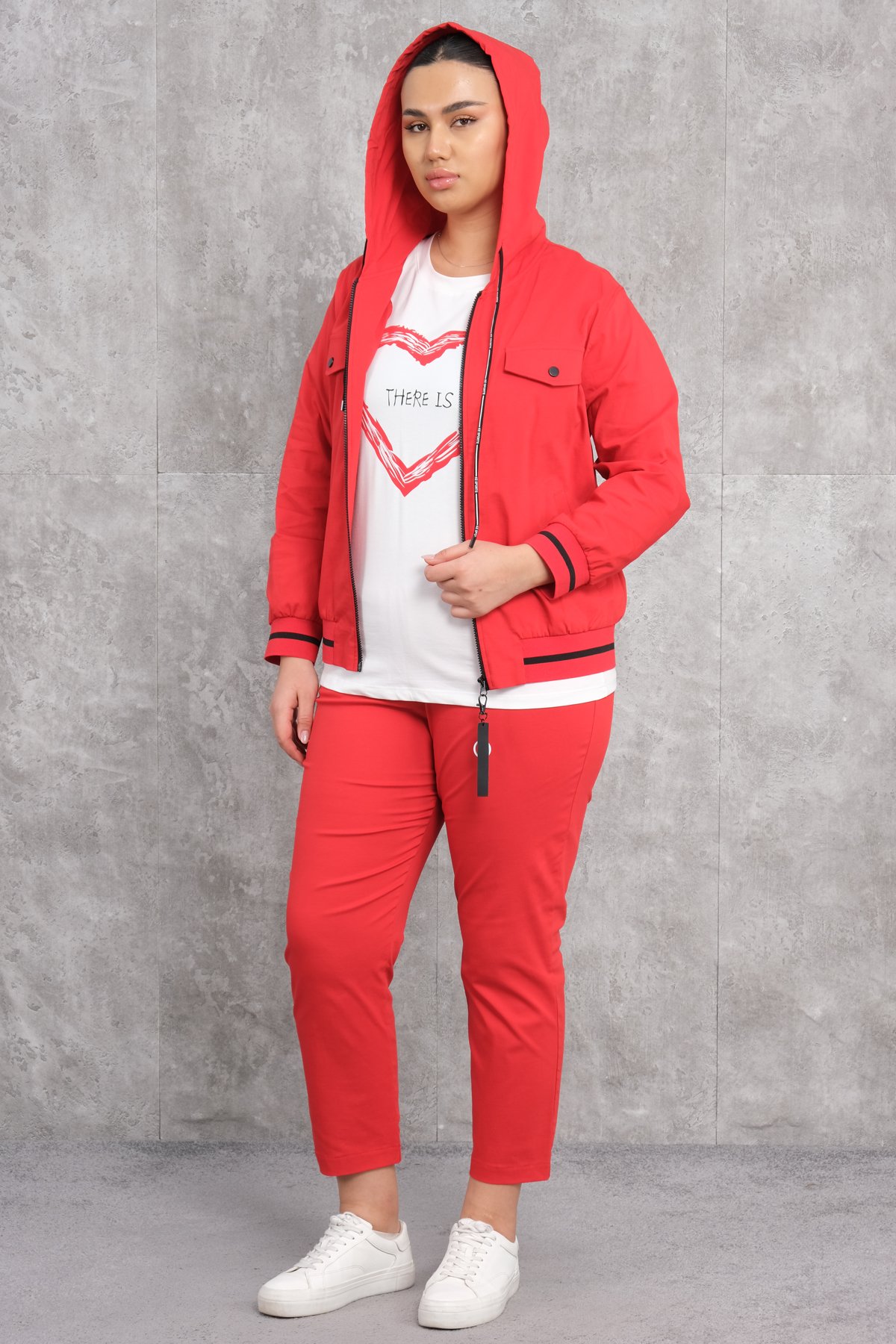 Plus Size Womens Three-Piece Sports Set-Red