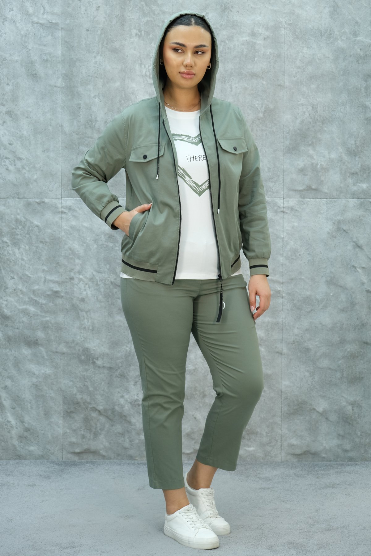 Plus Size Womens Three-Piece Sports Set-Khaki