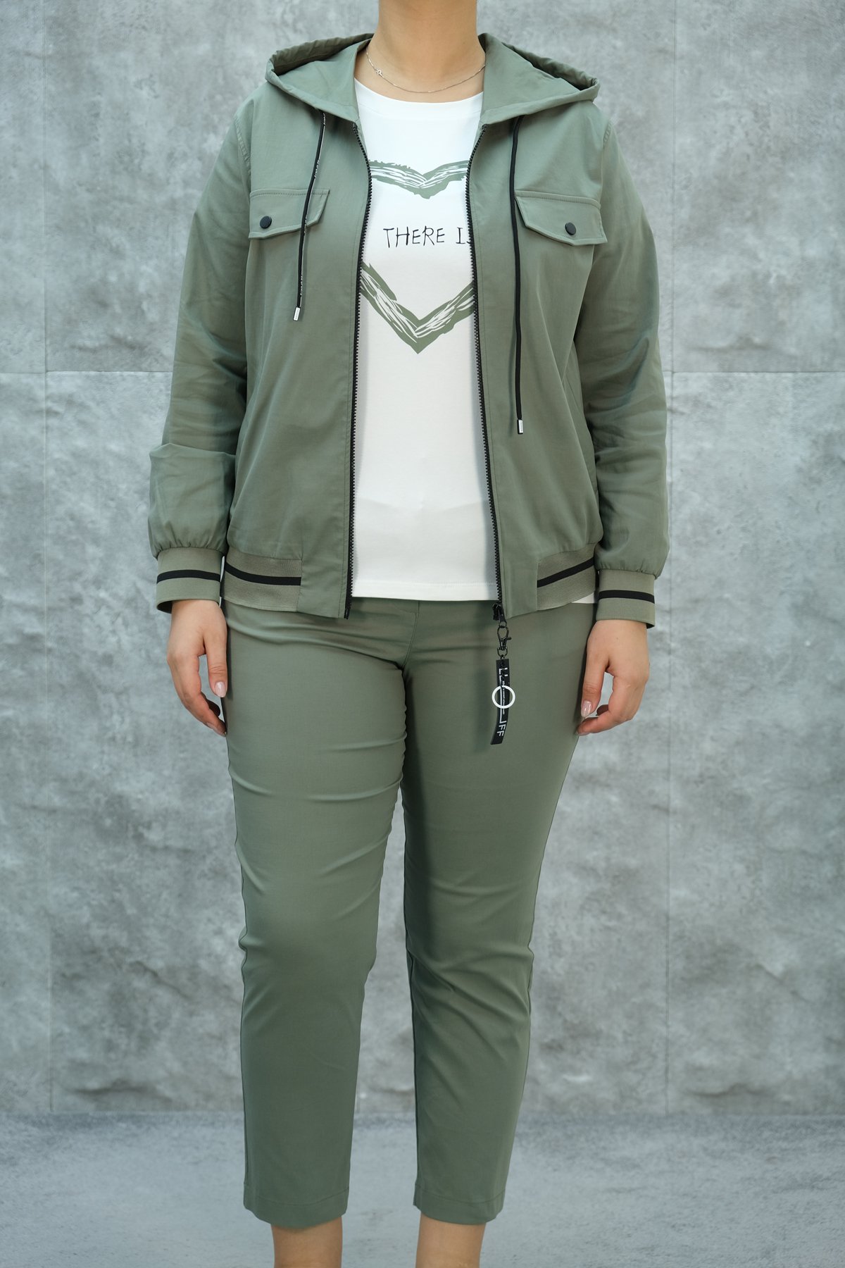 Plus Size Womens Three-Piece Sports Set-Khaki