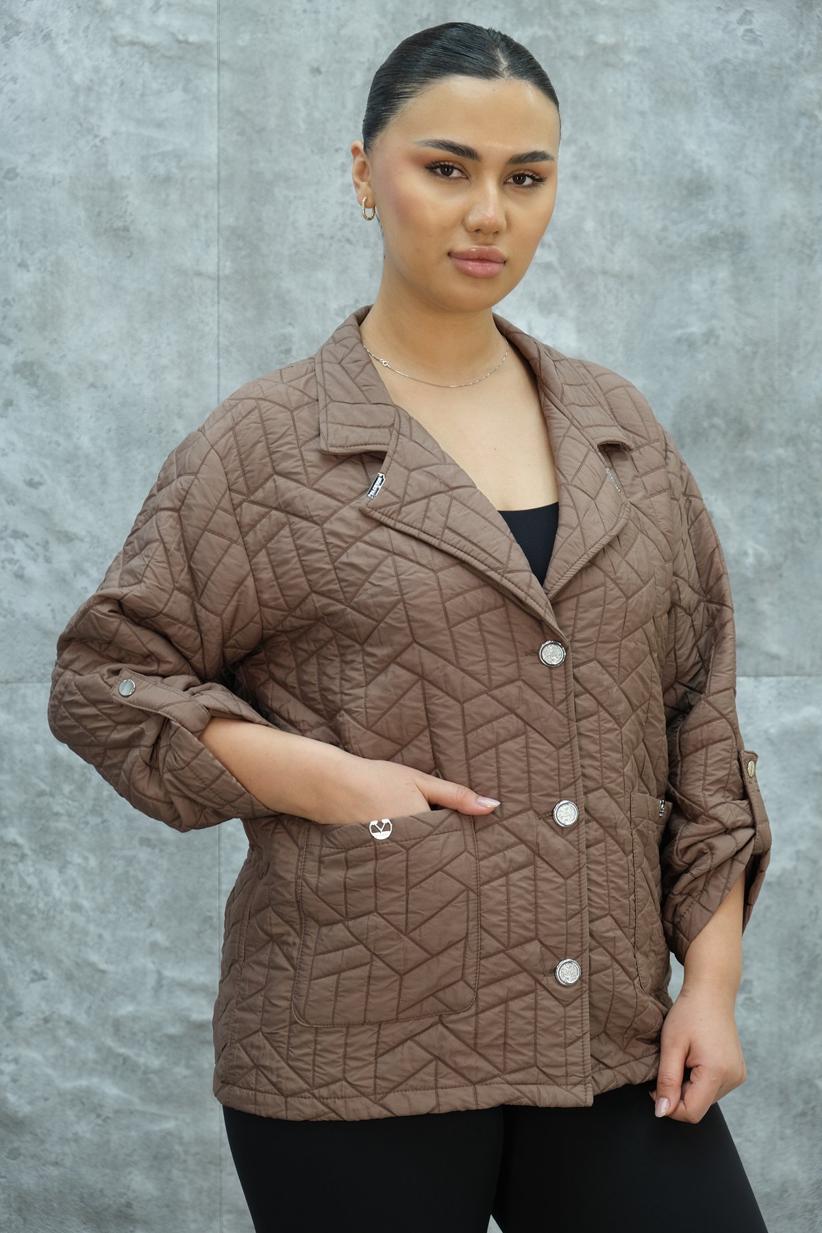 Plus Size Short Sport Jacket-Brown