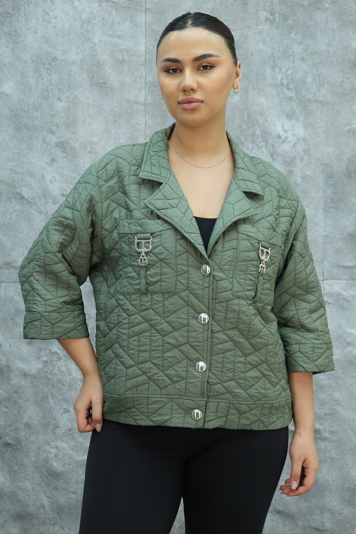 Plus Size Short Sport Jacket-Khaki