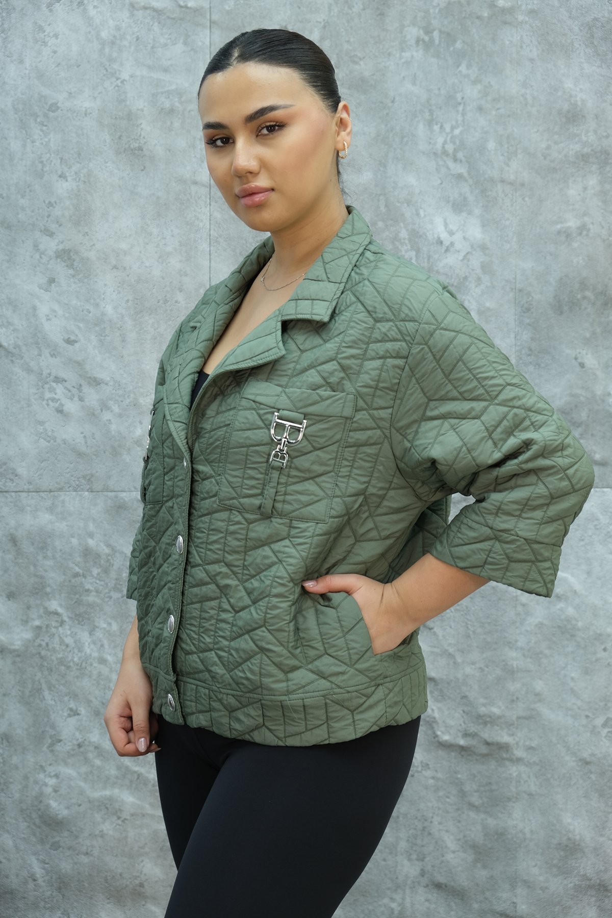 Plus Size Short Sport Jacket-Khaki