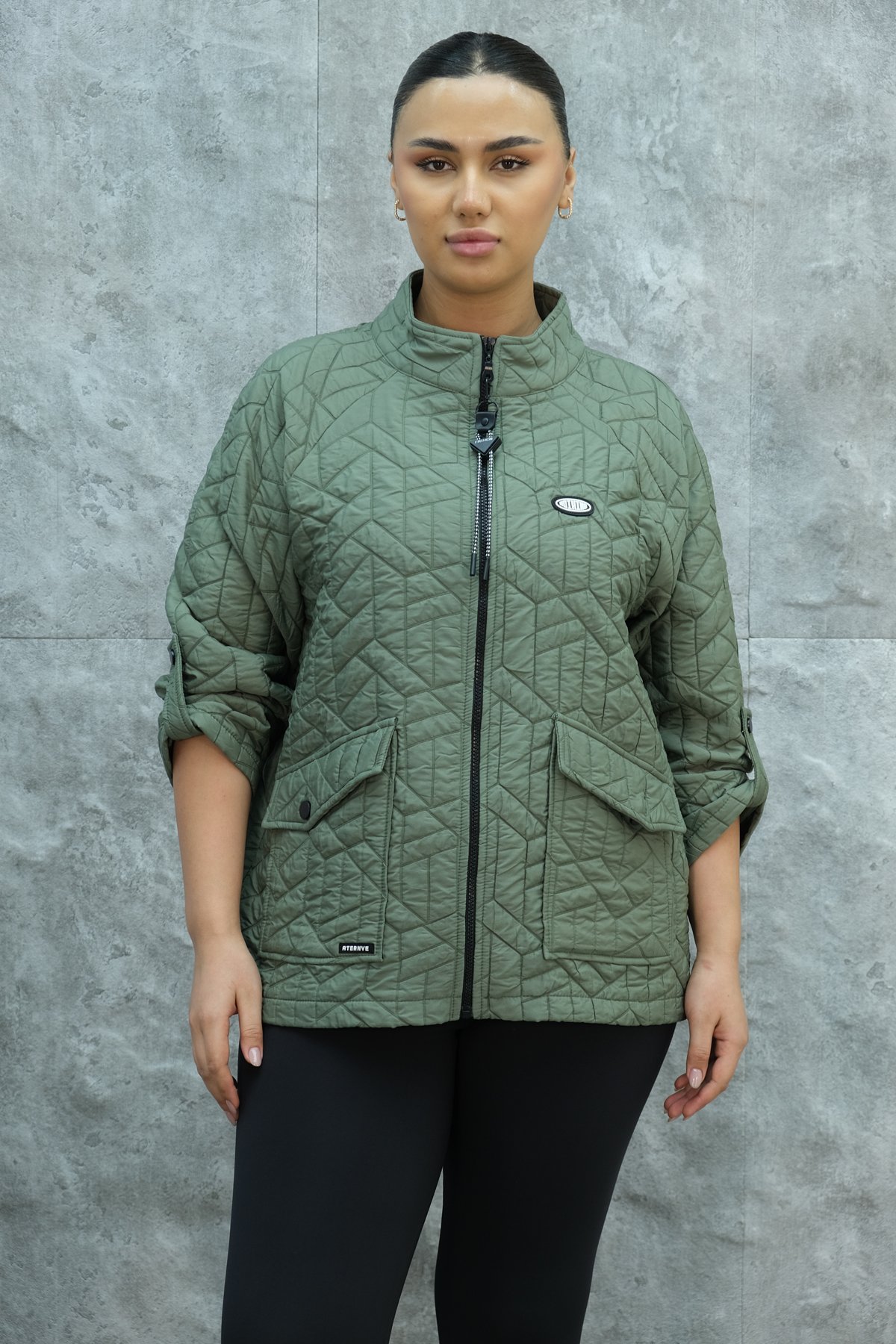 Plus Size Short Sport Jacket-Khaki