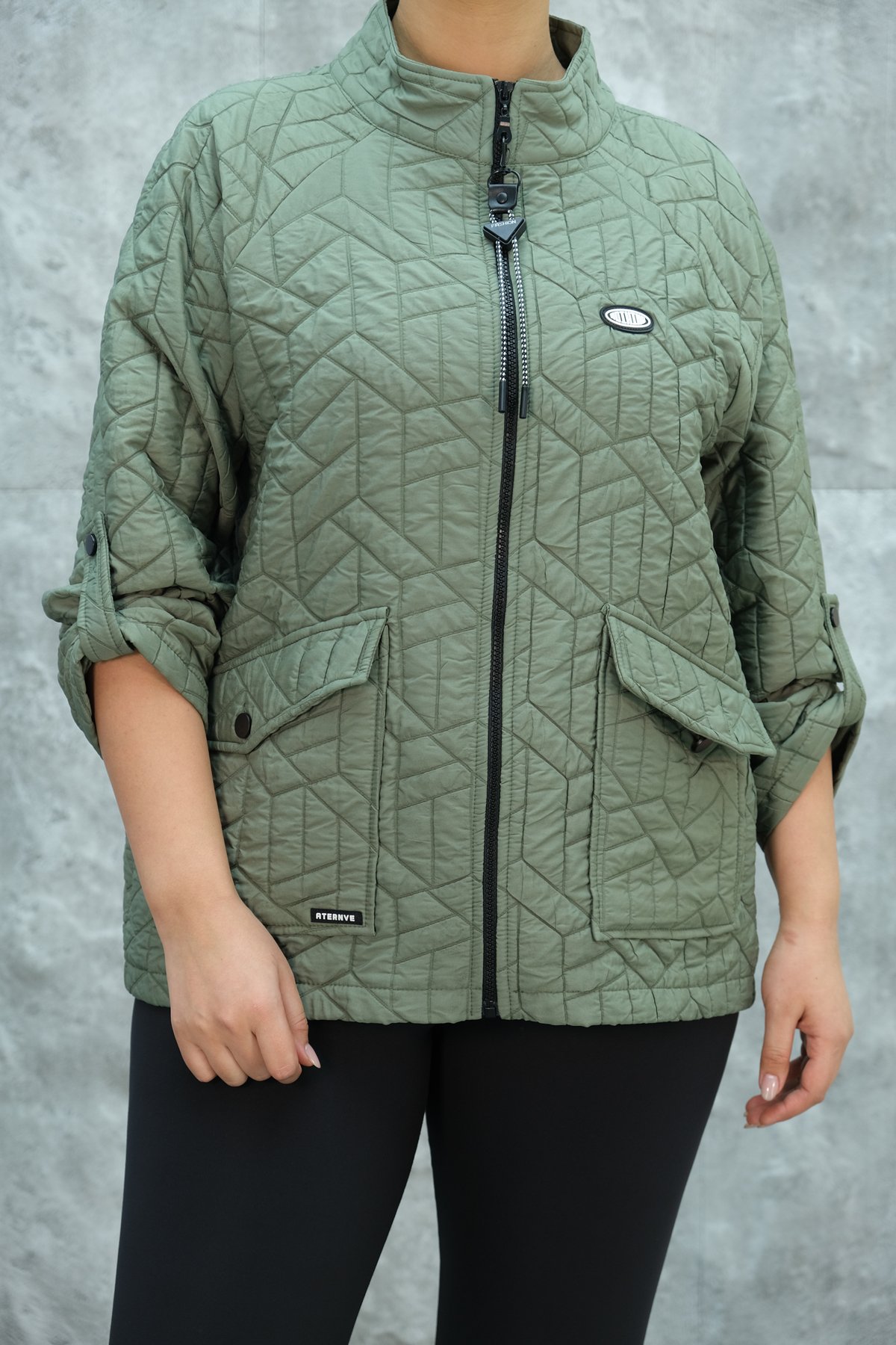 Plus Size Short Sport Jacket-Khaki