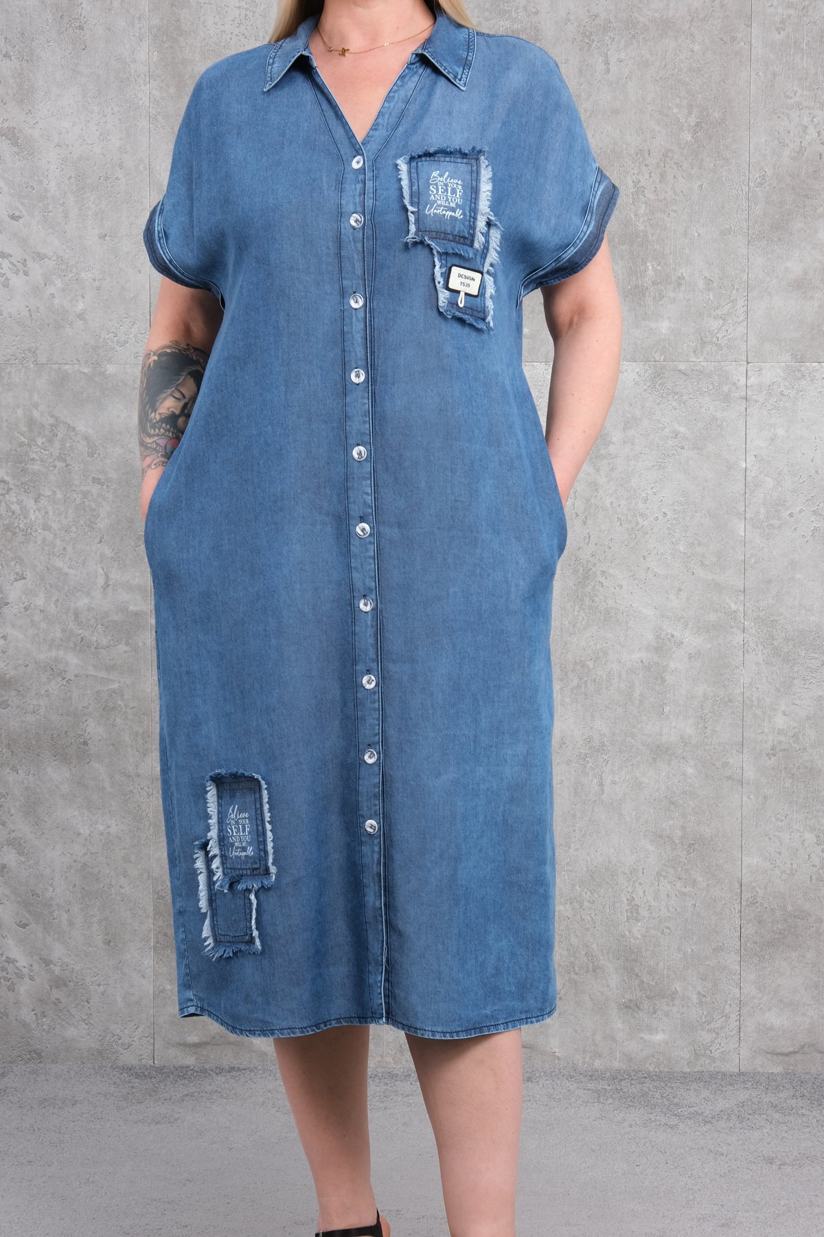Plus Size Denim Dress-Blue