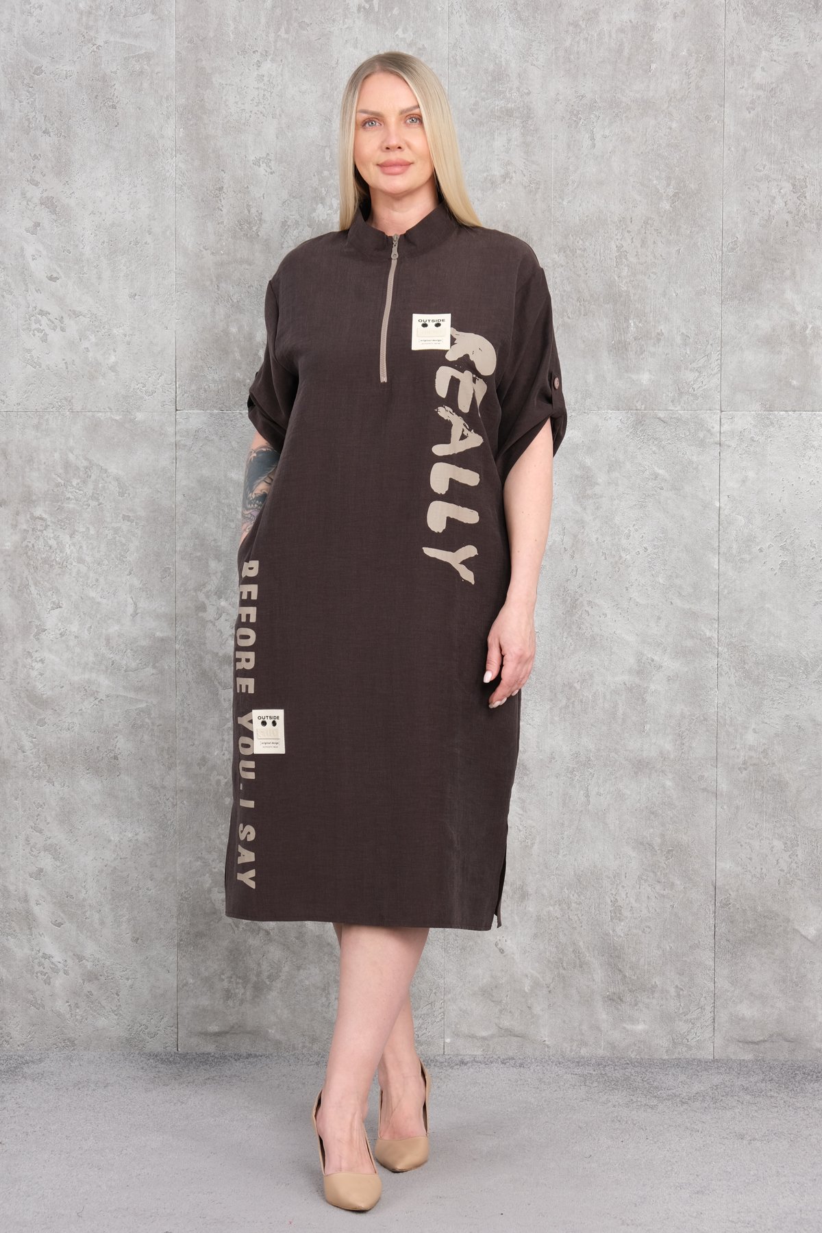 Günlük Büyük Beden Elbise-Kahverengi