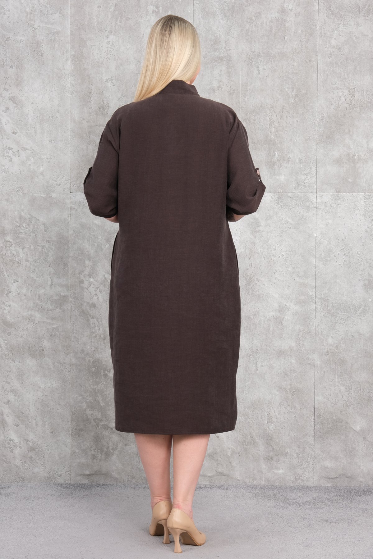 Günlük Büyük Beden Elbise-Kahverengi