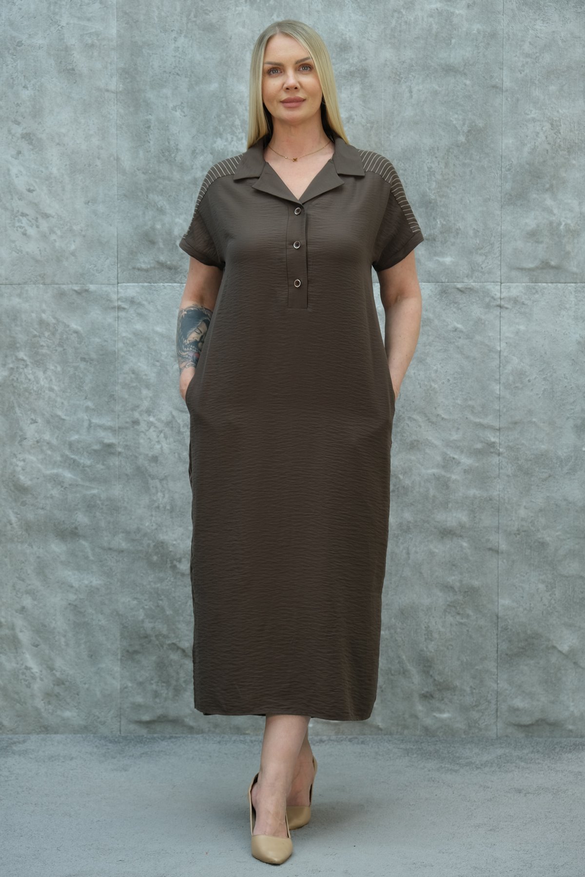 Повседневное платье больших размеров-Коричневый