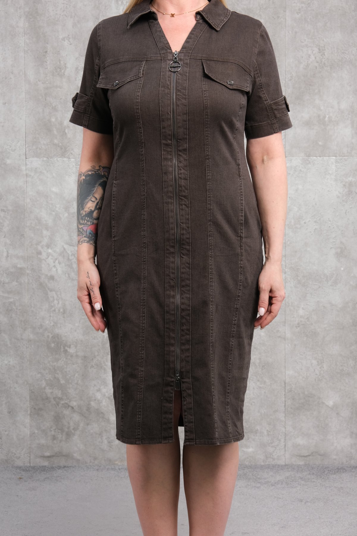 Plus Size Denim Dress-Brown
