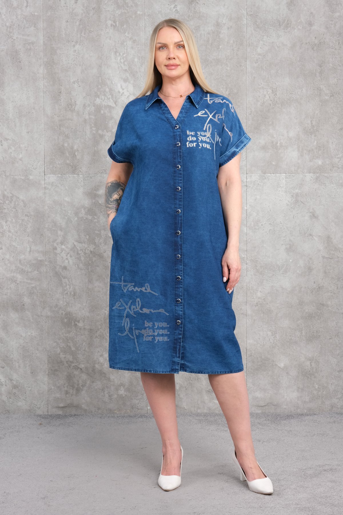 Plus Size Denim Dress-Blue