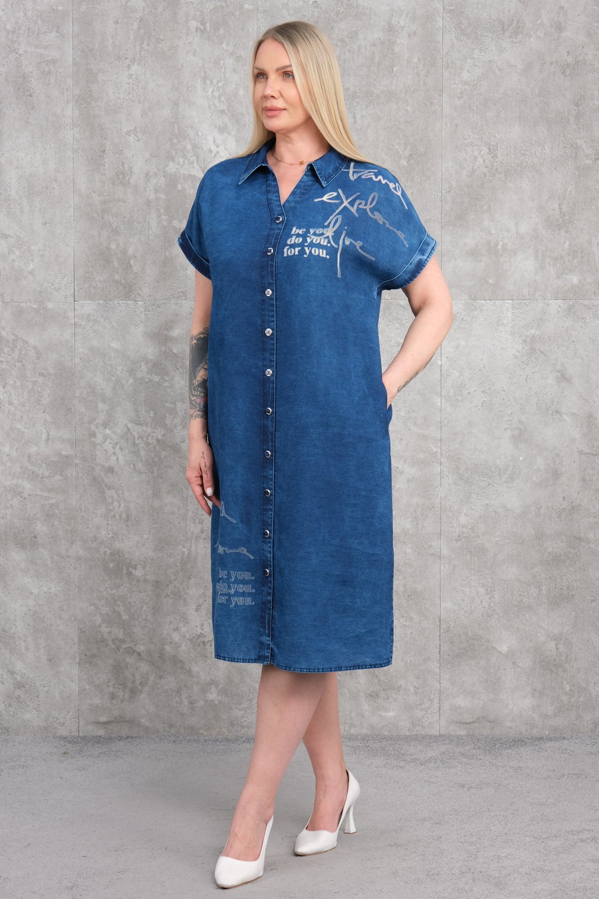 Plus Size Denim Dress-Blue