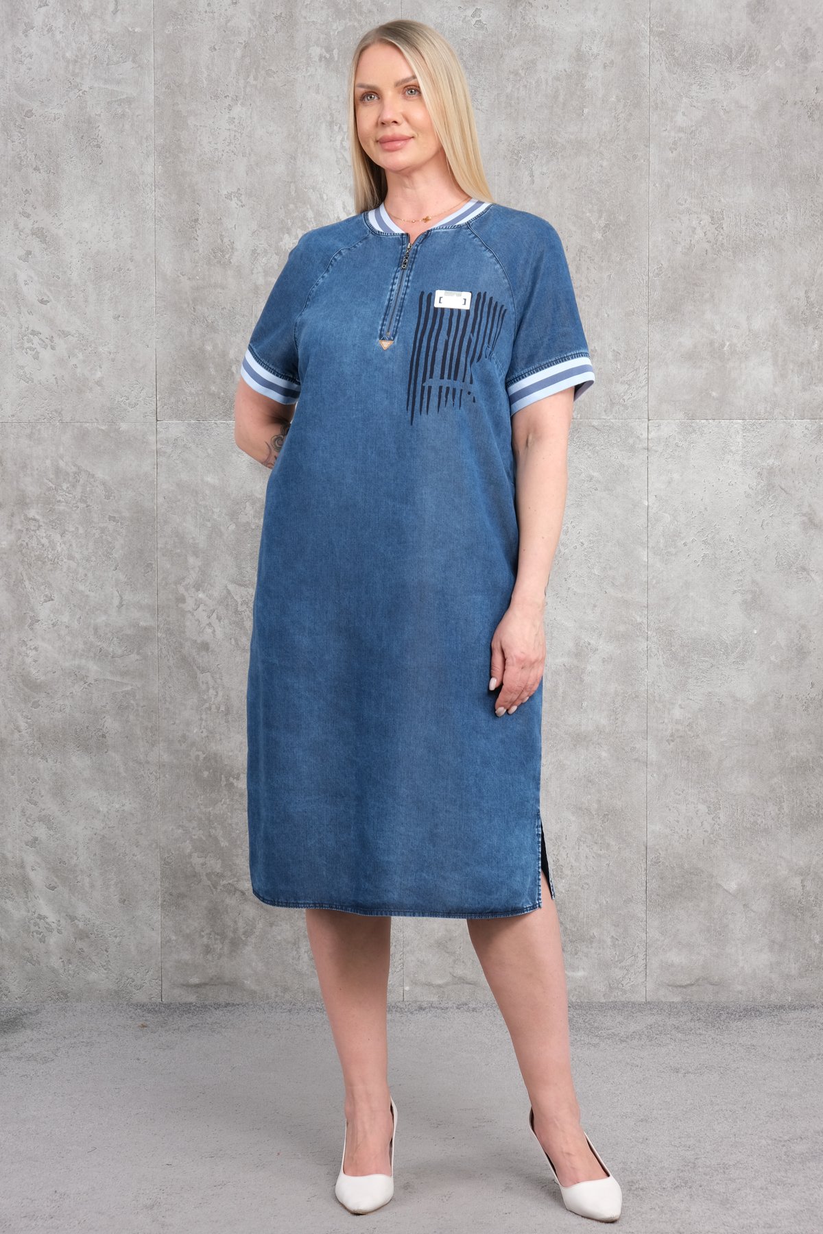 Джинсовое платье больших размеров-Синий
