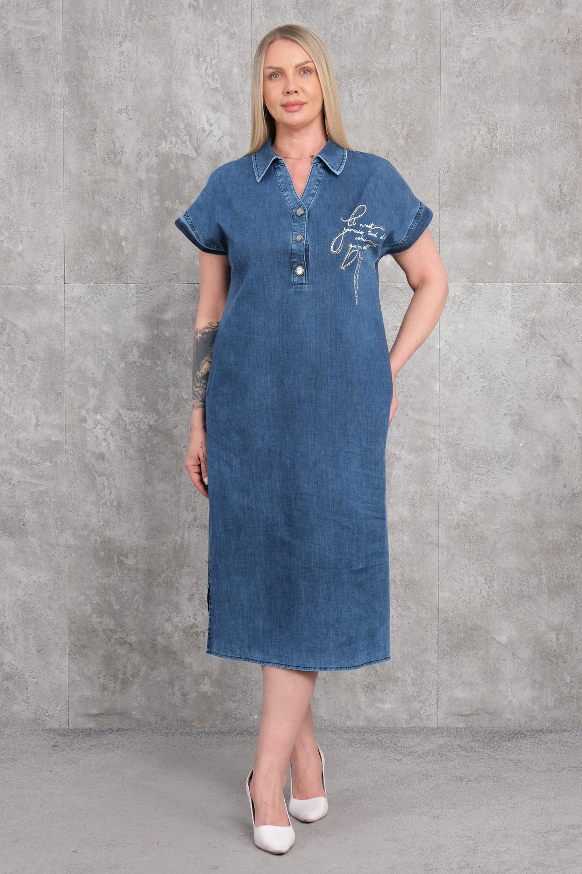 Джинсовое платье больших размеров-Синий