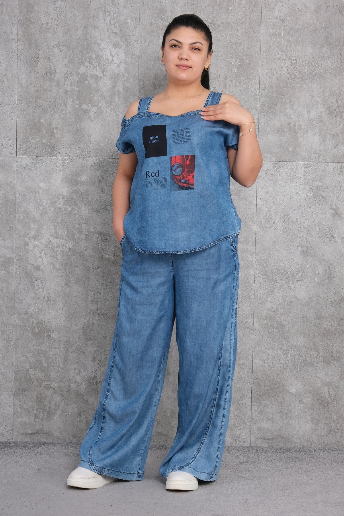 طقم رياضي نسائي مقاس كبير مكون من قطعتين-الأزرق