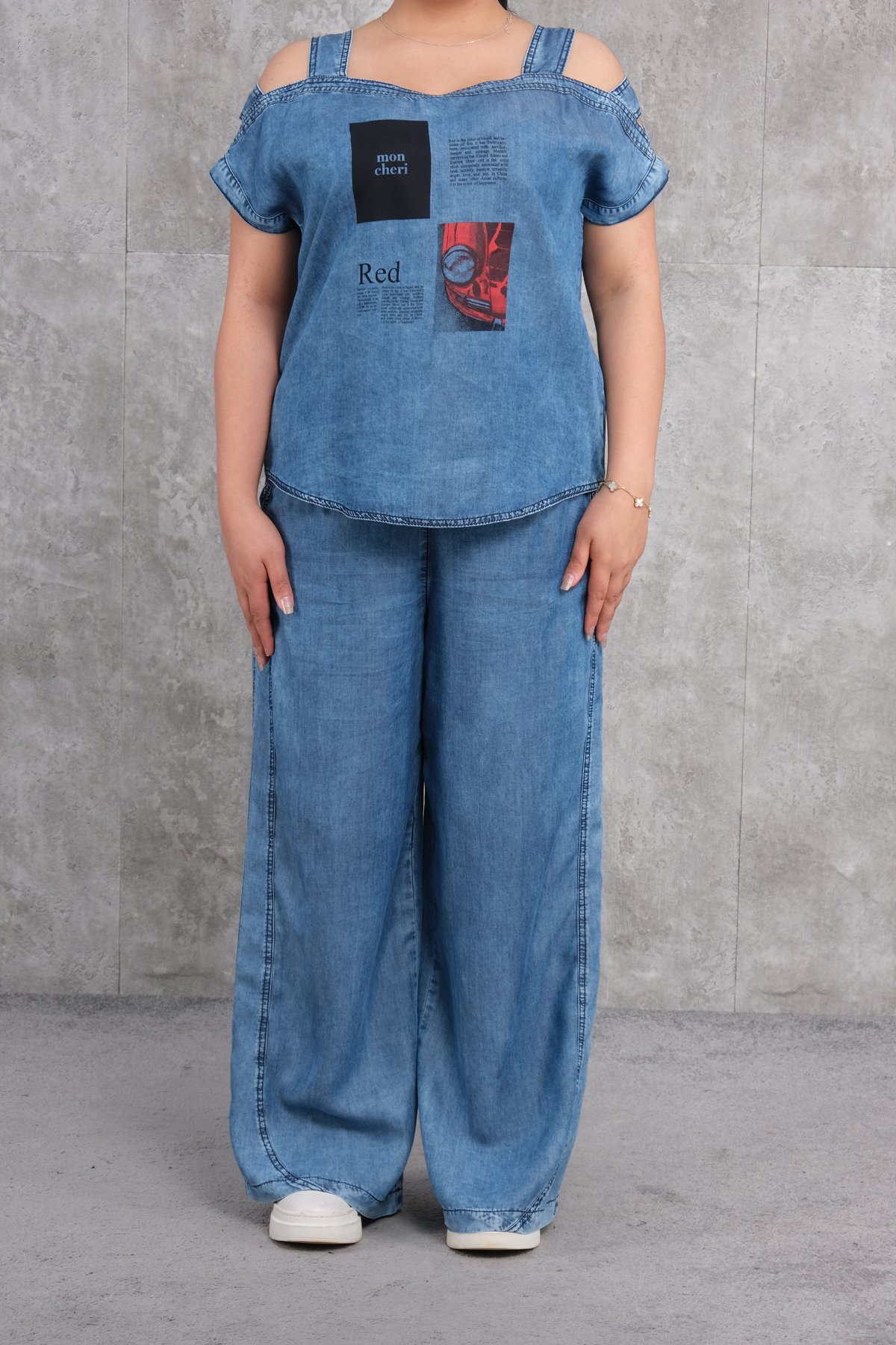 طقم رياضي نسائي مقاس كبير مكون من قطعتين-الأزرق