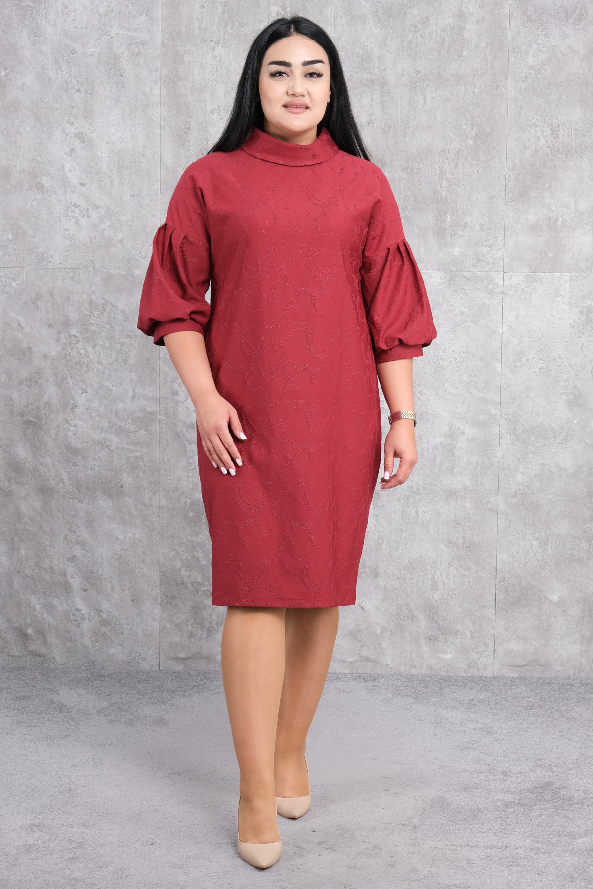 Plus Size Dress-Claret Red