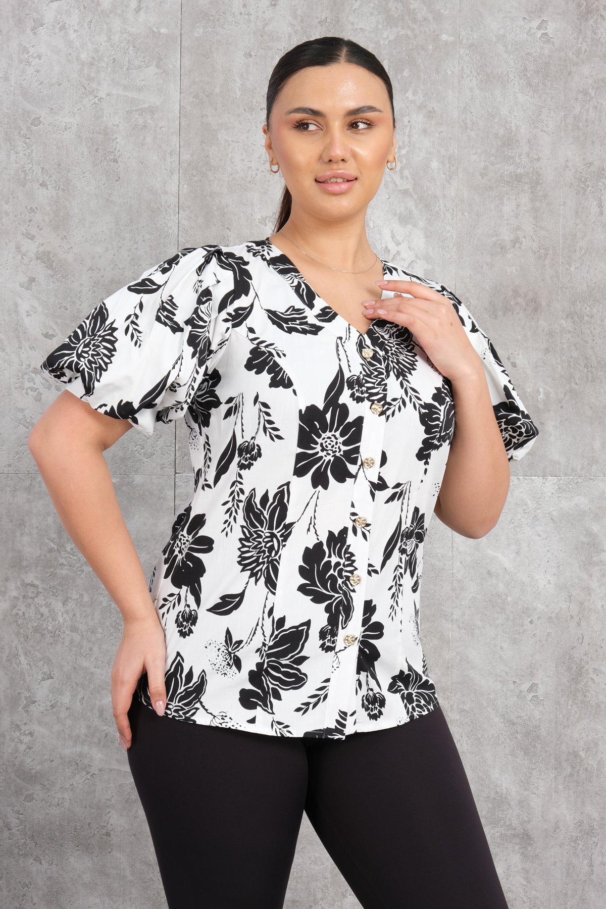 Plus Size V-Neck Blouse-Black