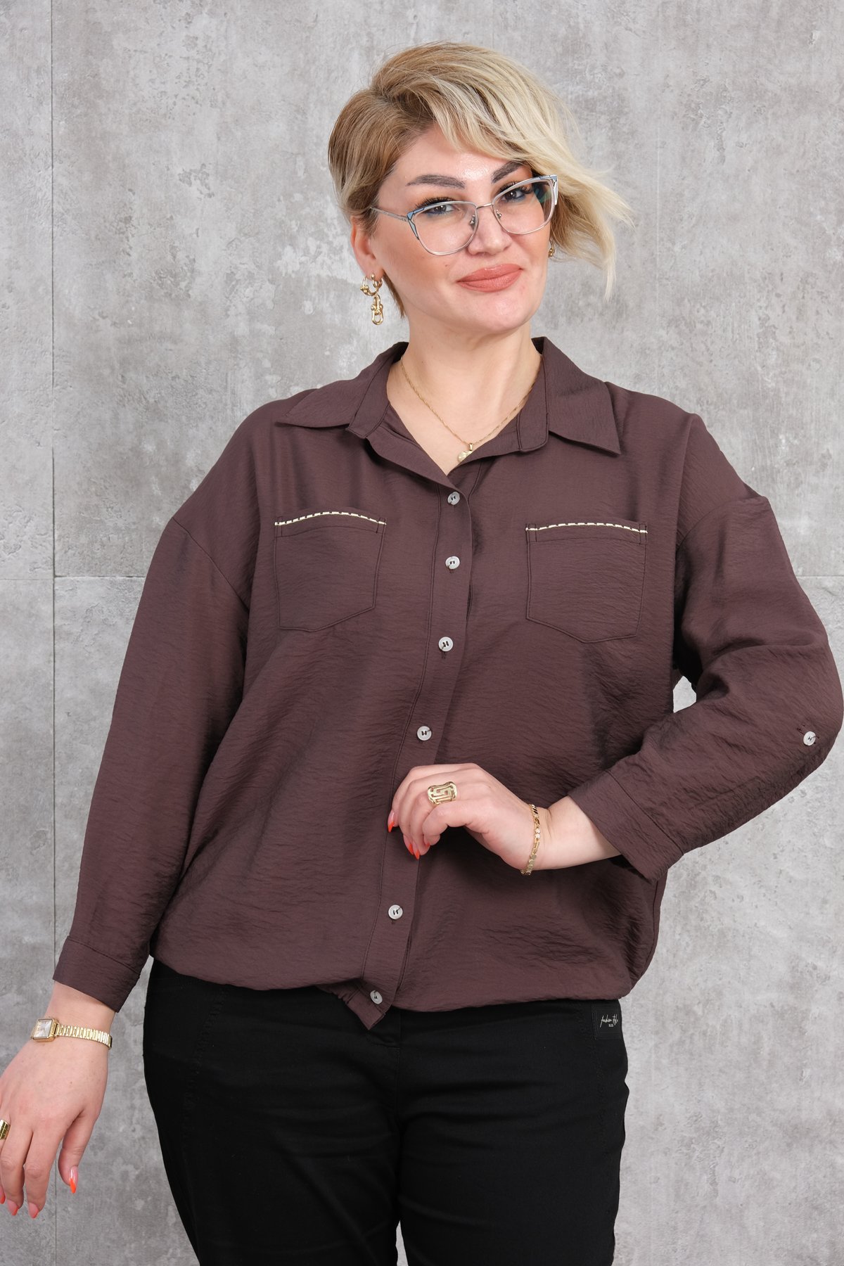 Plus Size Blouse-Brown