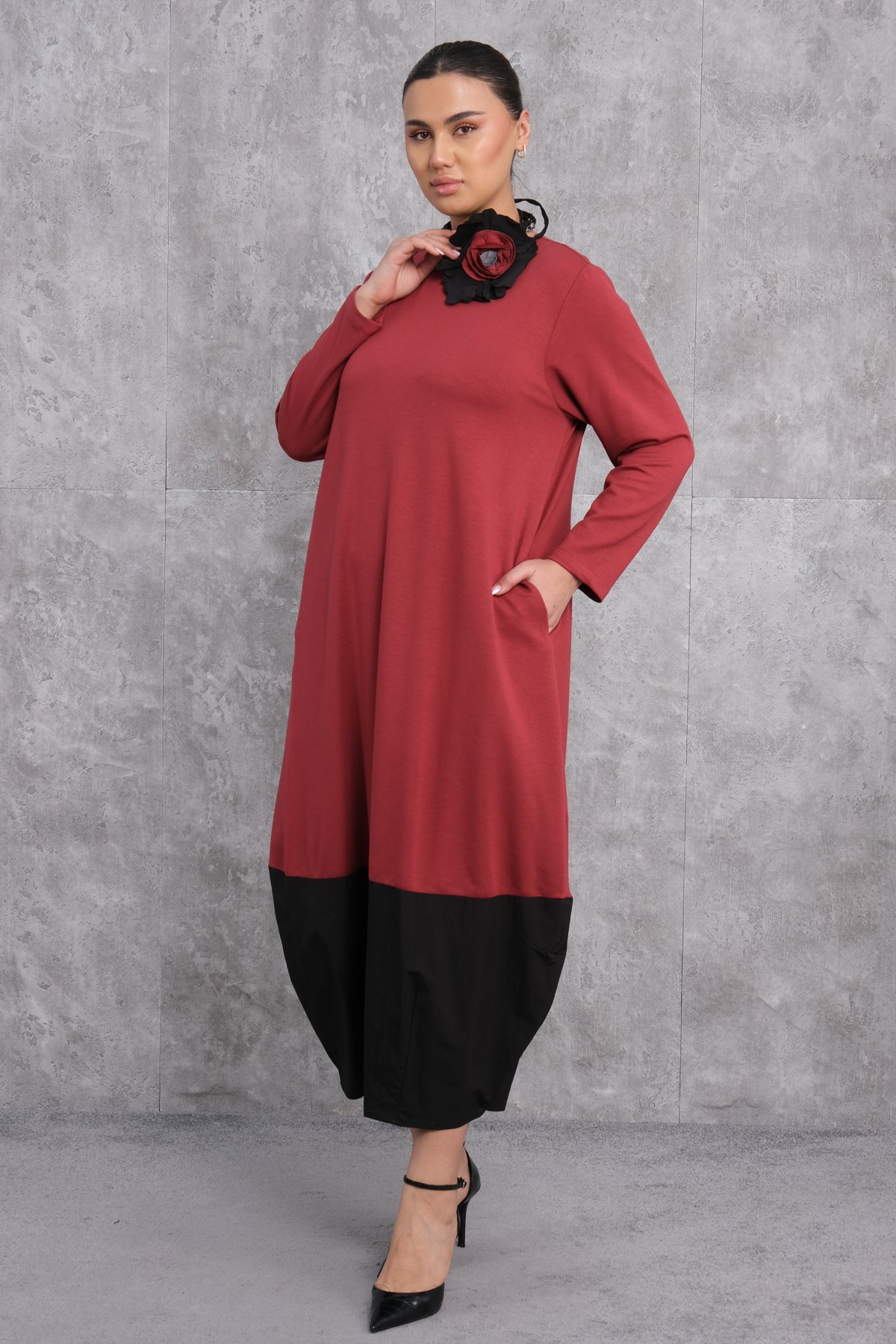 Plus Size Dress-Claret Red