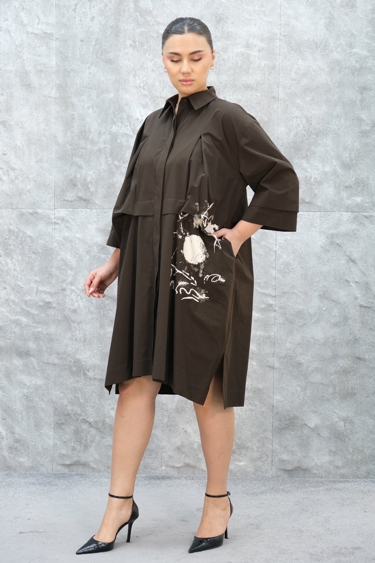 Короткое платье больших размеров-Коричневый