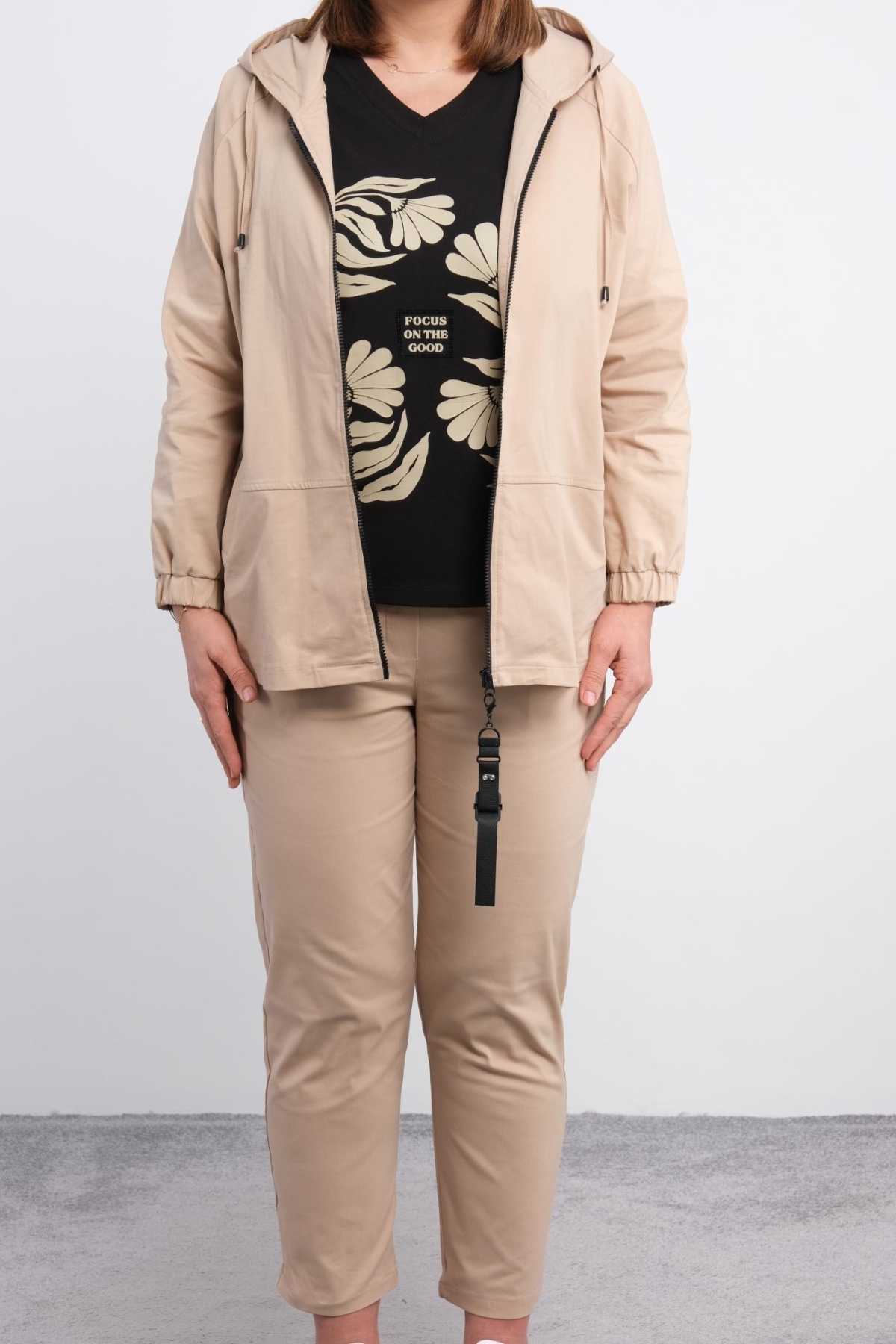Plus Size Womens Three-Piece Sports Set-Beige