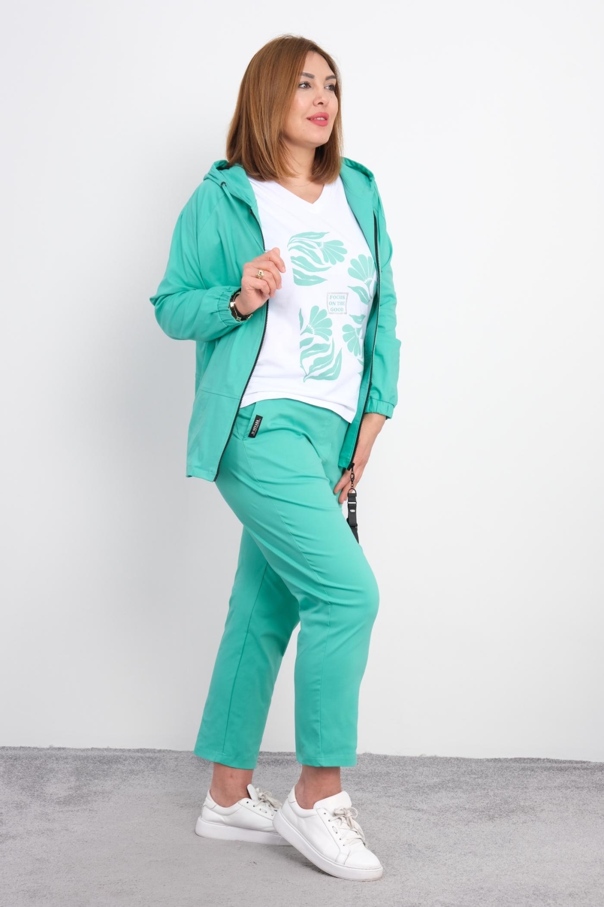 Plus Size Womens Three-Piece Sports Set-Turquoise