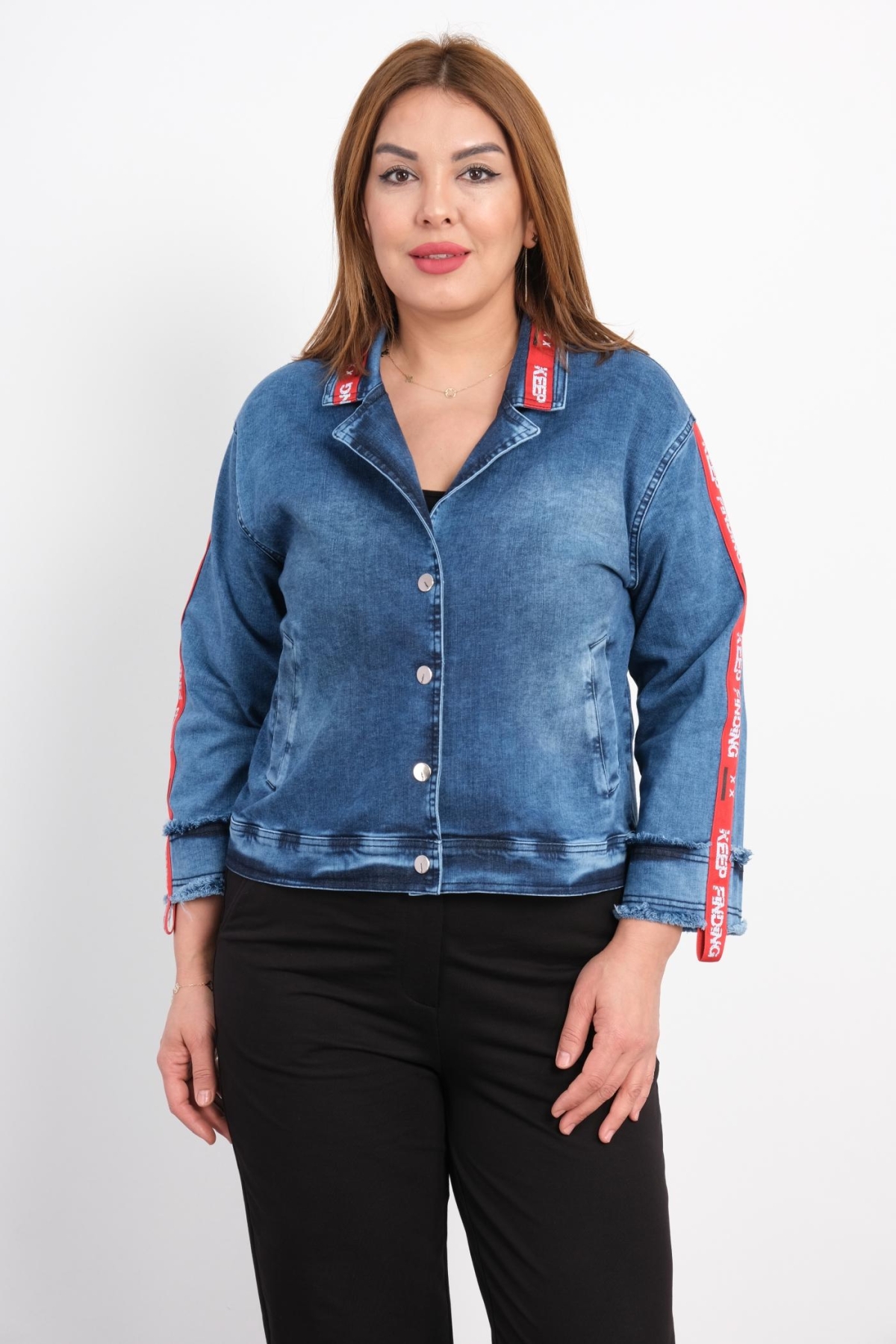 Plus Size Denim Jacket-Red