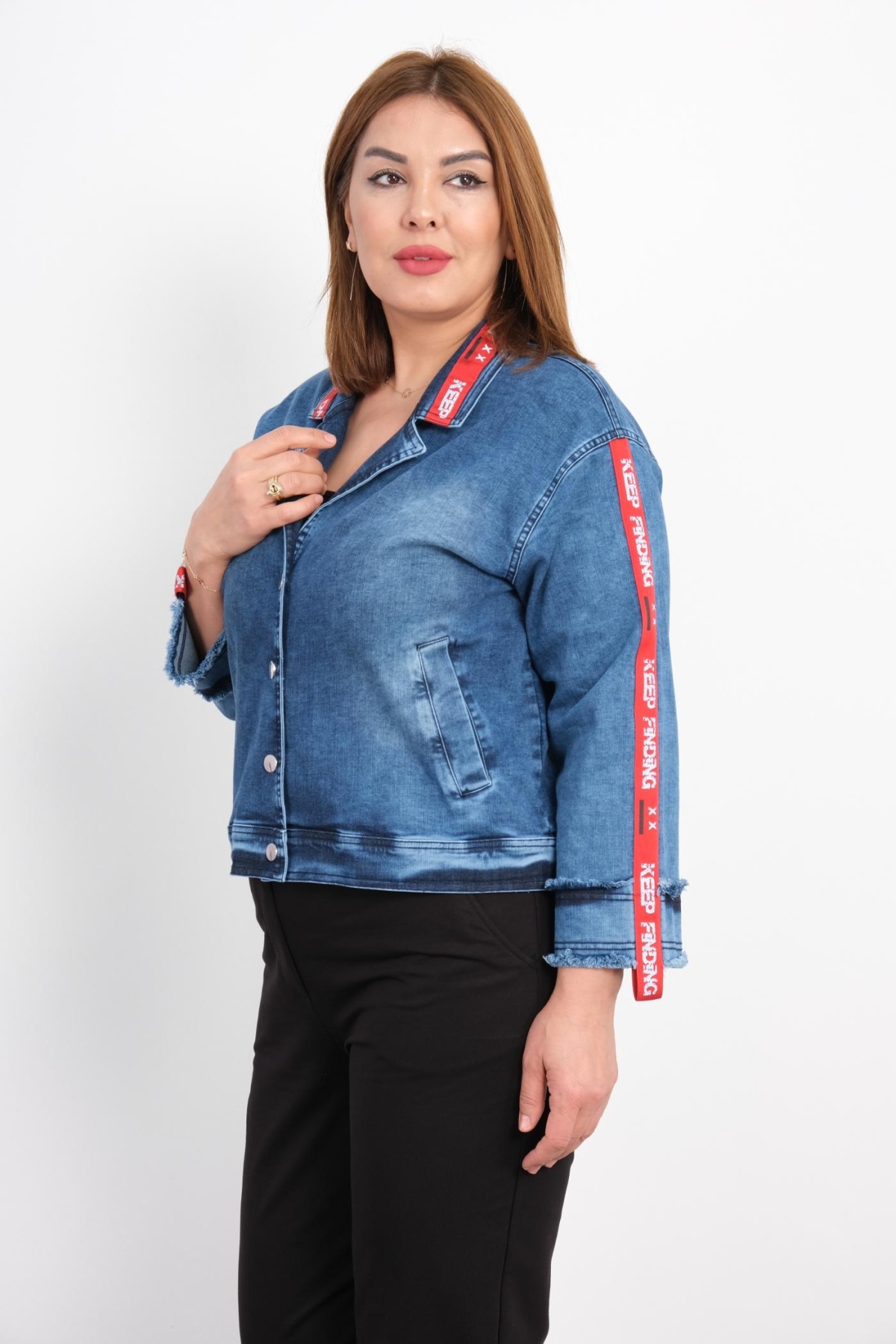 Plus Size Denim Jacket-Red
