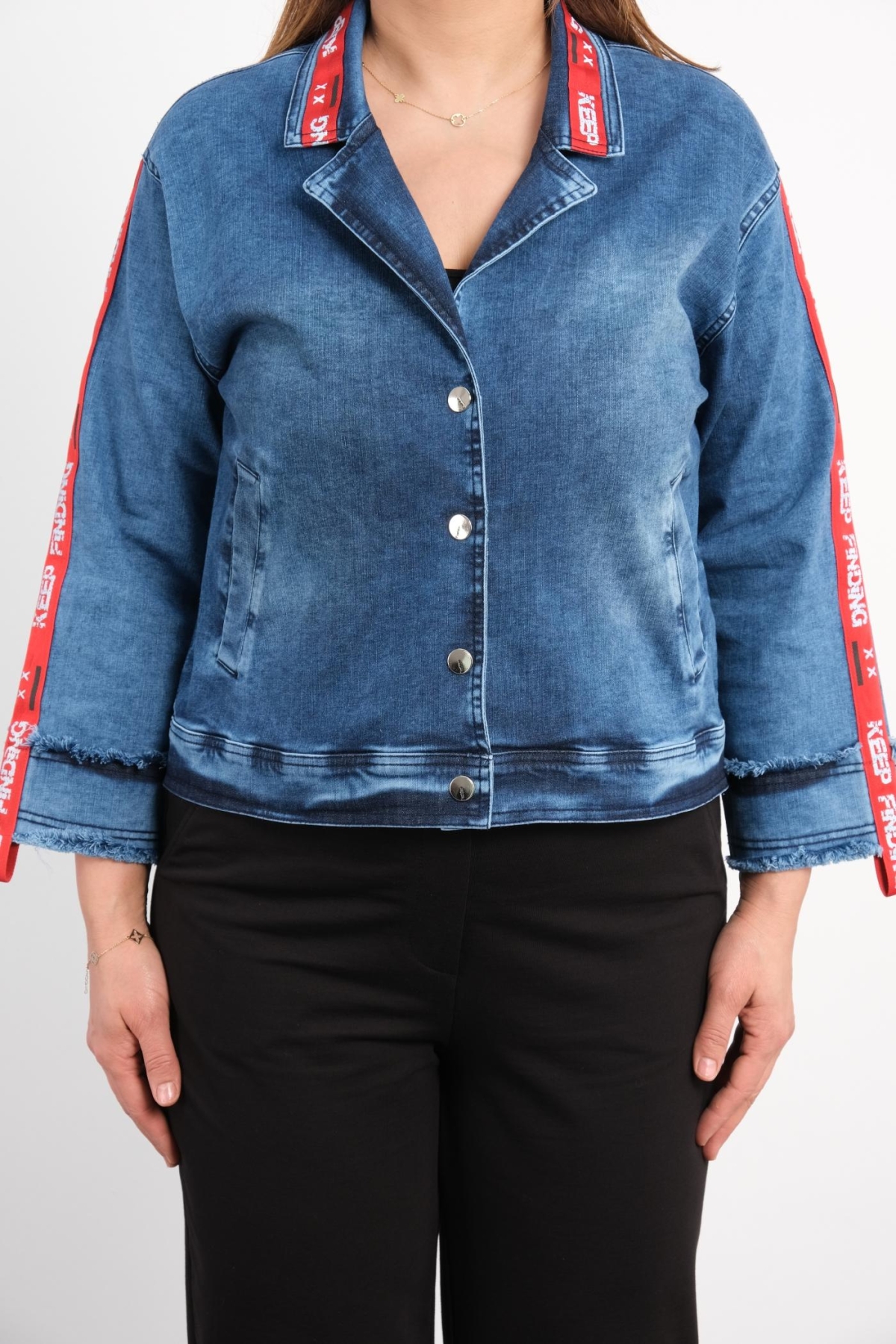 Plus Size Denim Jacket-Red