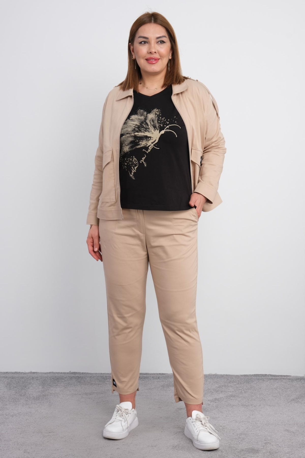 Plus Size Womens Three-Piece Sports Set-Beige