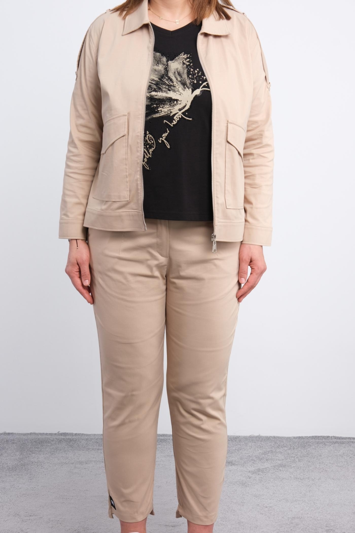 Plus Size Womens Three-Piece Sports Set-Beige