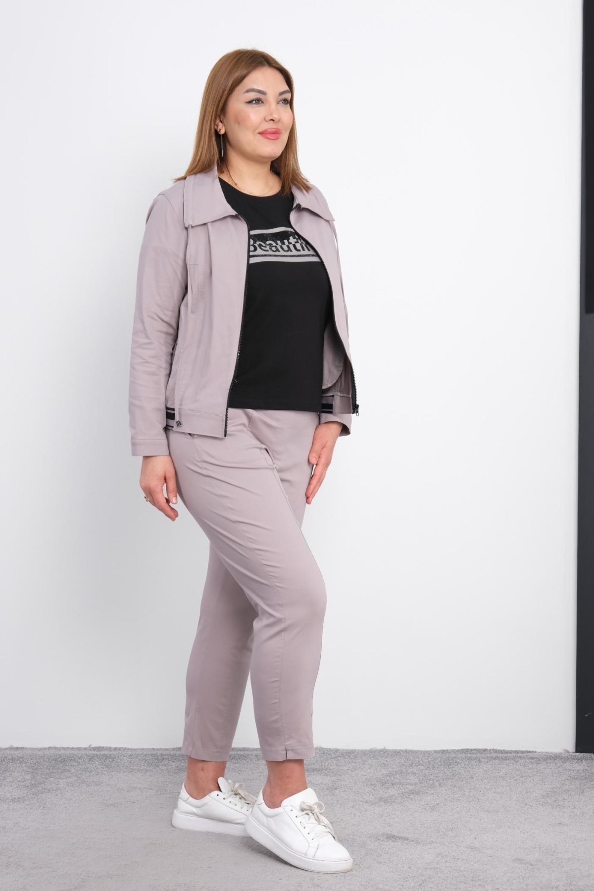 Plus Size Womens Three-Piece Sports Set-Grey
