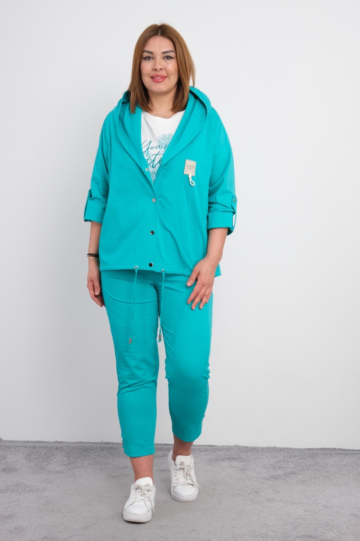 Plus Size Womens Three-Piece Sports Set-Turquoise