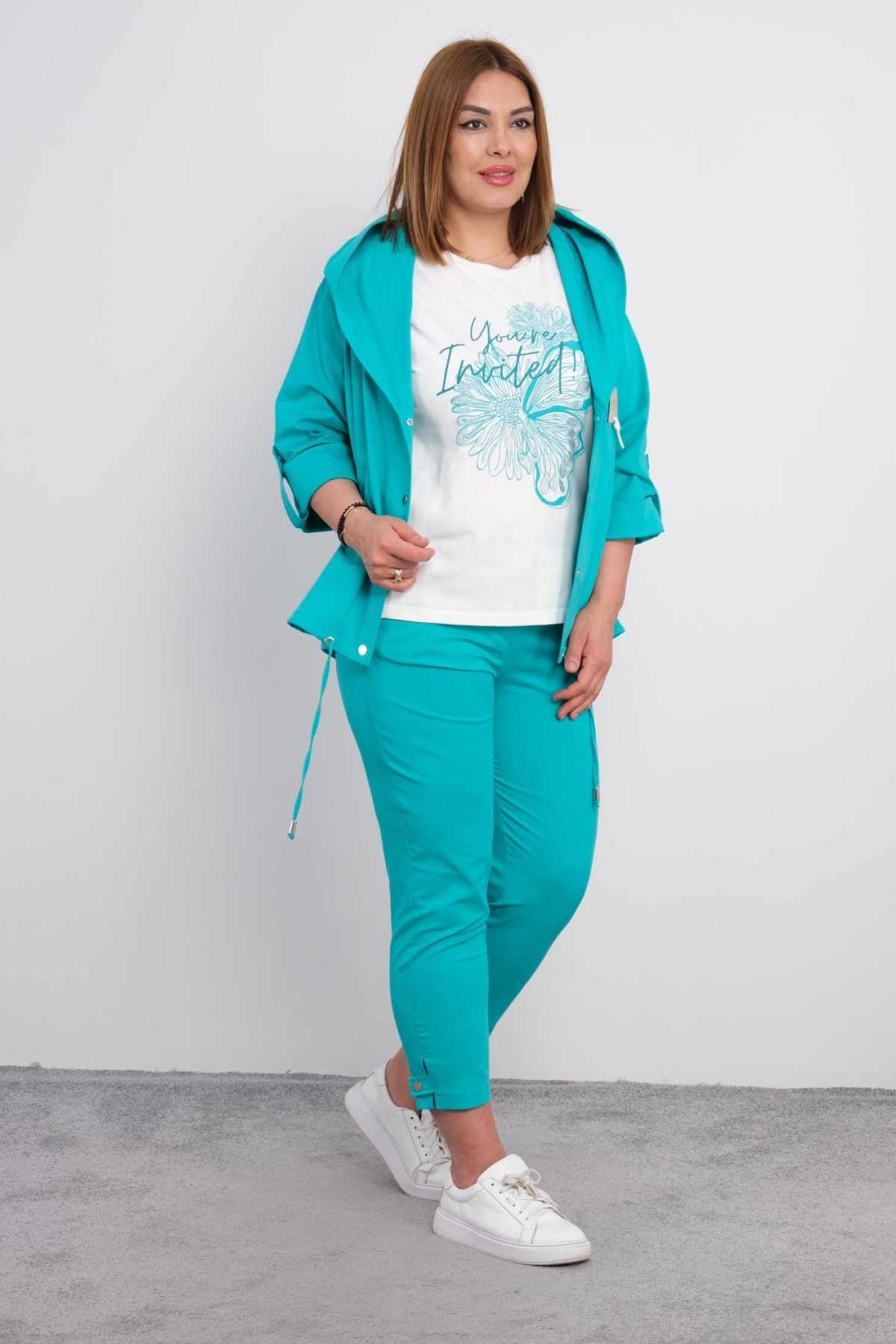 Plus Size Womens Three-Piece Sports Set-Turquoise
