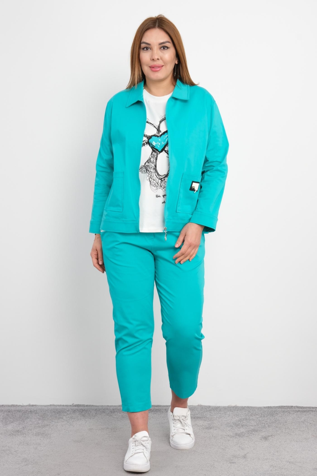 Plus Size Womens Three-Piece Sports Set-Turquoise