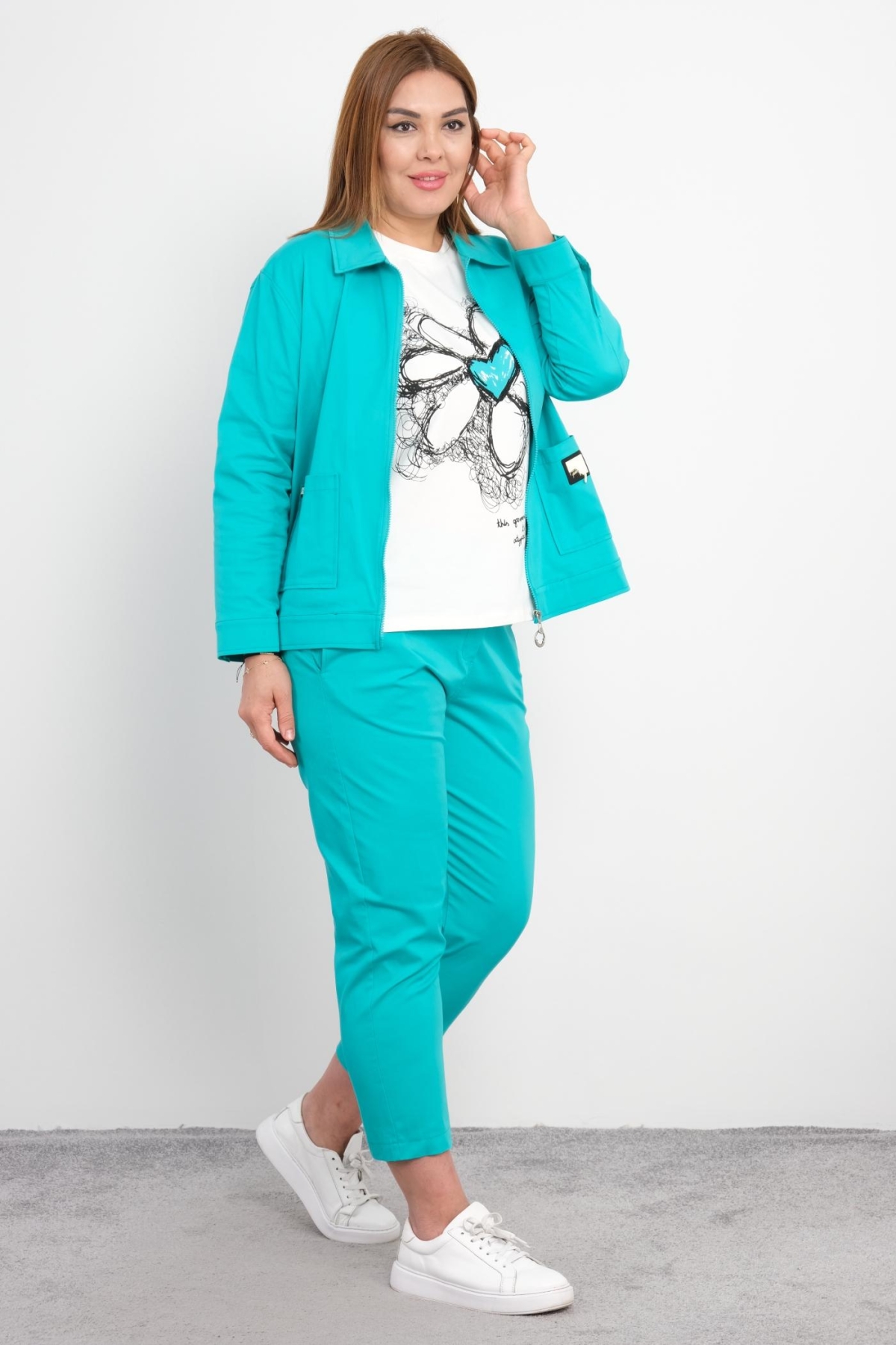 Plus Size Womens Three-Piece Sports Set-Turquoise